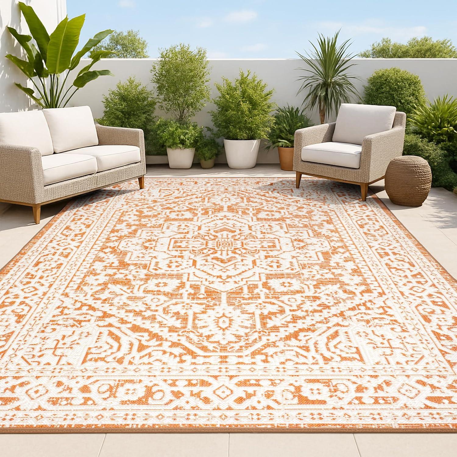 image:imageJONATHAN Y Medallion Weave Indoor Outdoor Round Area Rug 5 Ft YellowCream Sinjuri Textured for Backyard Patio Porch EasyCleaning High Traffic PetFriendly NonShedding SMB101I5ROrangeCream