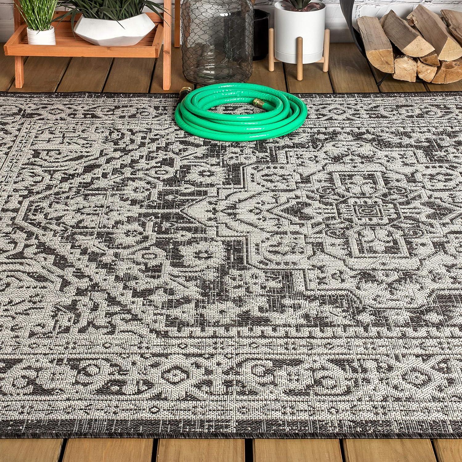 image:imageJONATHAN Y Medallion Weave Indoor Outdoor Round Area Rug 5 Ft YellowCream Sinjuri Textured for Backyard Patio Porch EasyCleaning High Traffic PetFriendly NonShedding SMB101I5RGrayBlack