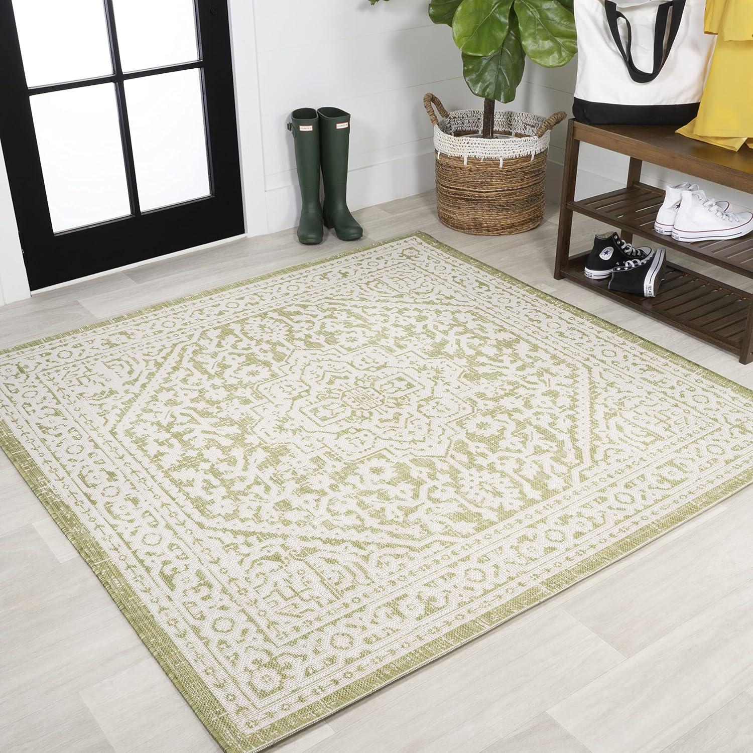 image:imageJONATHAN Y Medallion Weave Indoor Outdoor Round Area Rug 5 Ft YellowCream Sinjuri Textured for Backyard Patio Porch EasyCleaning High Traffic PetFriendly NonShedding SMB101I5RGreenCream