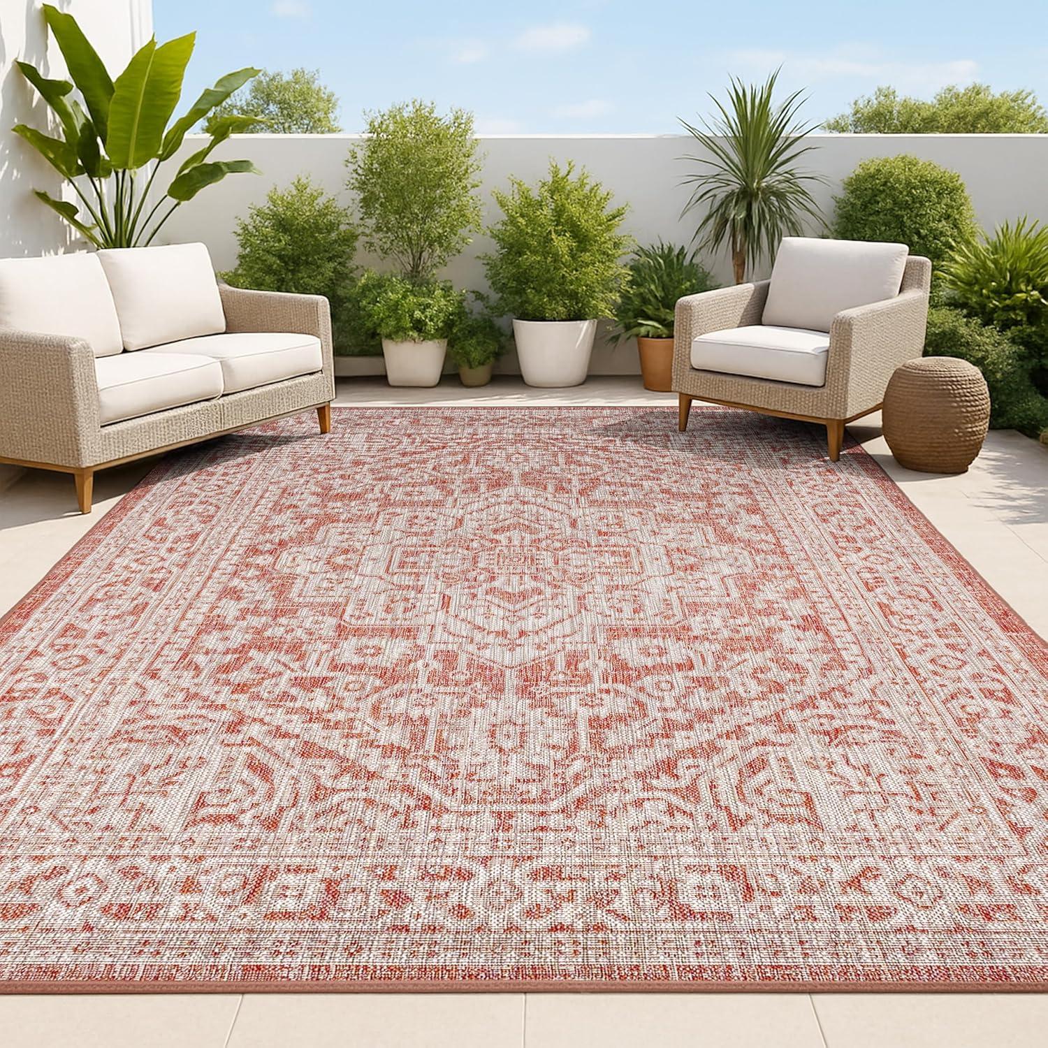 image:imageJONATHAN Y Medallion Weave Indoor Outdoor Round Area Rug 5 Ft YellowCream Sinjuri Textured for Backyard Patio Porch EasyCleaning High Traffic PetFriendly NonShedding SMB101I5RRedTaupe