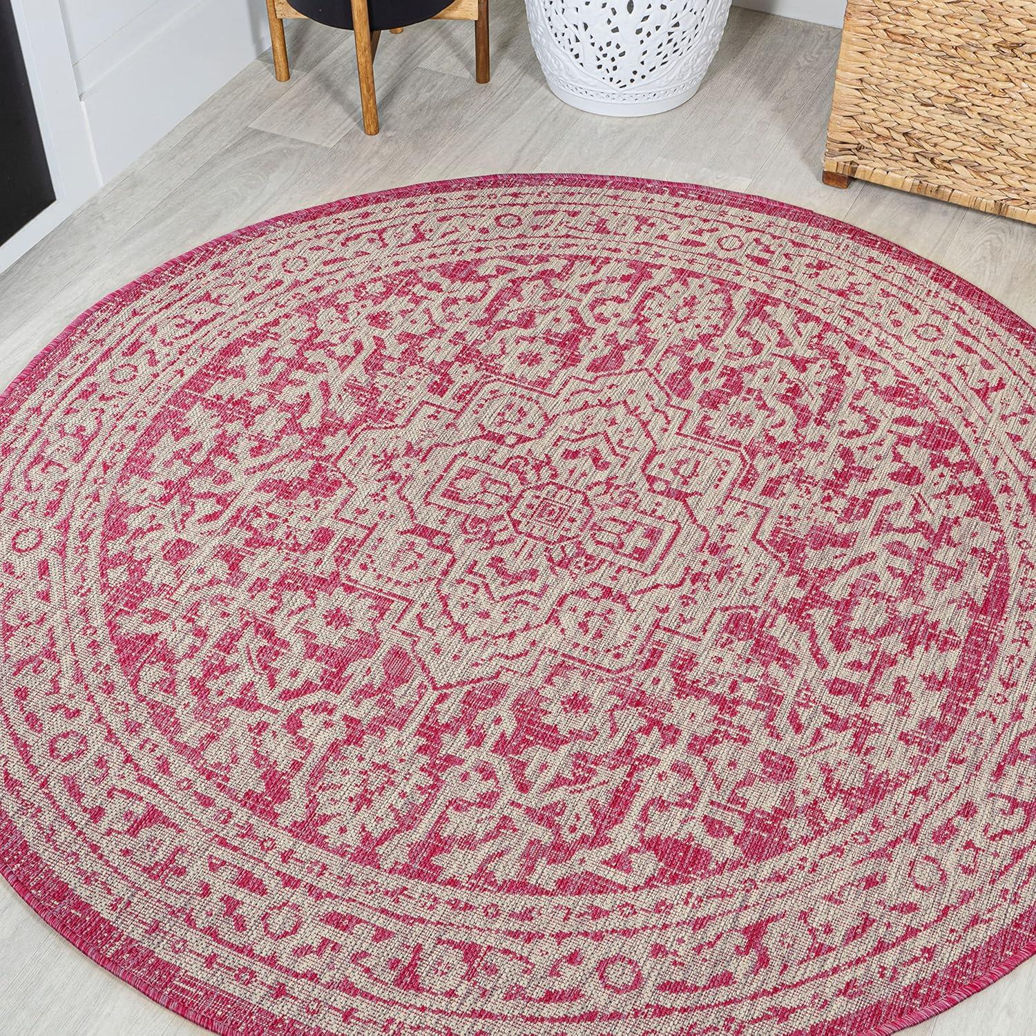 image:imageJONATHAN Y Medallion Weave Indoor Outdoor Round Area Rug 5 Ft YellowCream Sinjuri Textured for Backyard Patio Porch EasyCleaning High Traffic PetFriendly NonShedding SMB101I5RFuchsiaLight Gray
