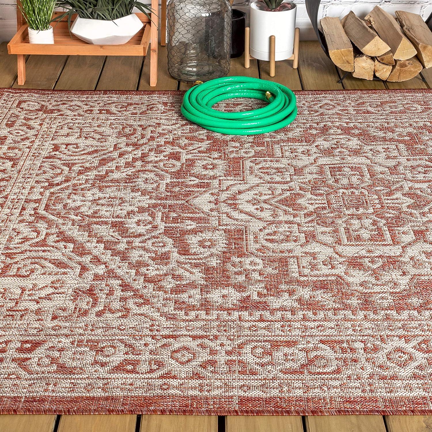 image:imageJONATHAN Y Medallion Weave Indoor Outdoor Round Area Rug 5 Ft YellowCream Sinjuri Textured for Backyard Patio Porch EasyCleaning High Traffic PetFriendly NonShedding SMB101I5RRedTaupe