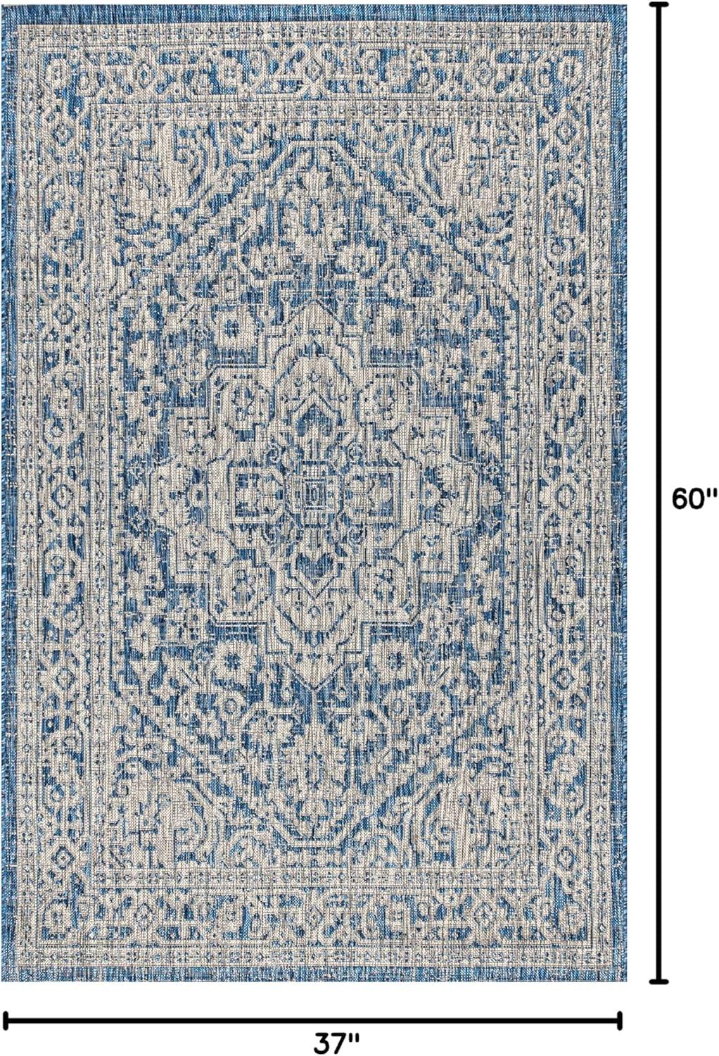 image:imageJONATHAN Y Medallion Weave Indoor Outdoor Round Area Rug 5 Ft YellowCream Sinjuri Textured for Backyard Patio Porch EasyCleaning High Traffic PetFriendly NonShedding SMB101I5RNavyGray