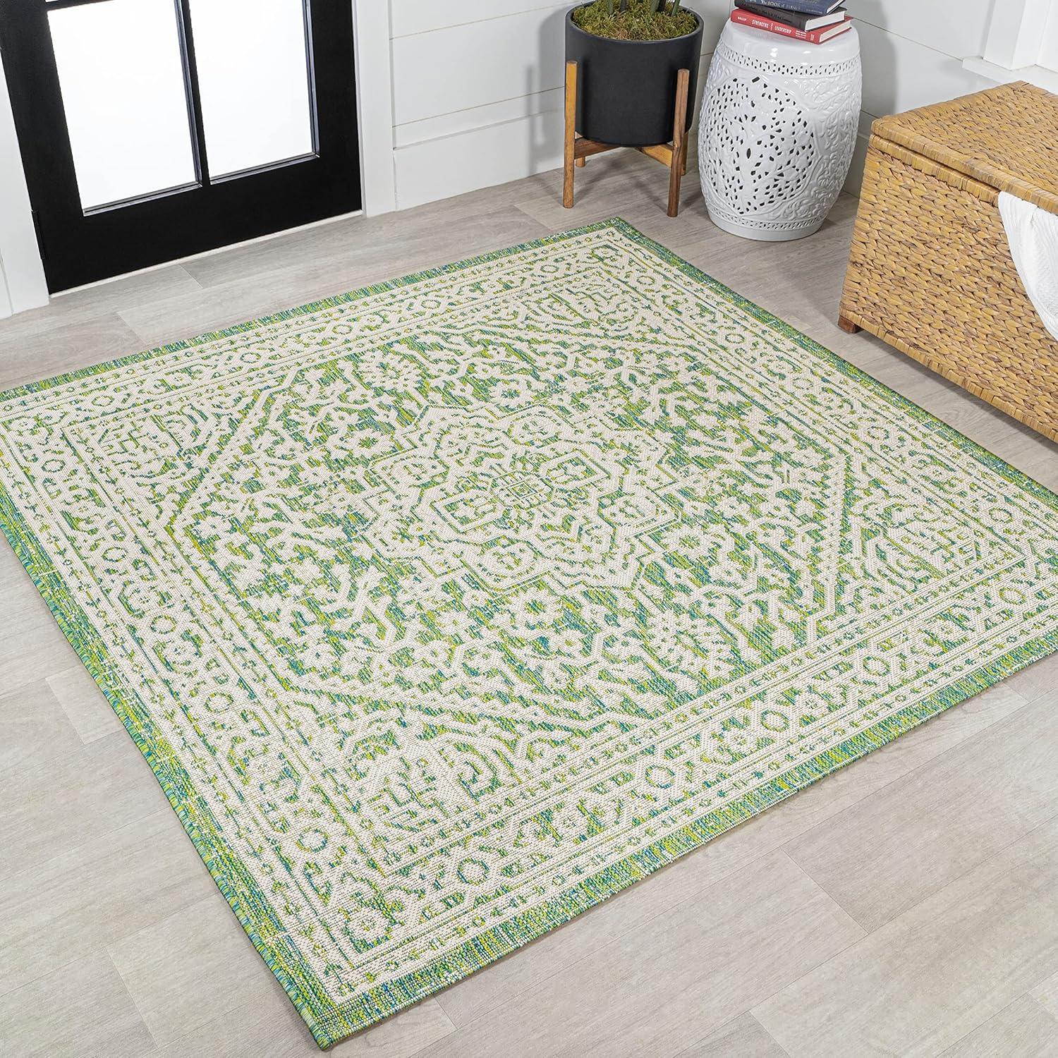 image:imageJONATHAN Y Medallion Weave Indoor Outdoor Round Area Rug 5 Ft YellowCream Sinjuri Textured for Backyard Patio Porch EasyCleaning High Traffic PetFriendly NonShedding SMB101I5RCreamGreen