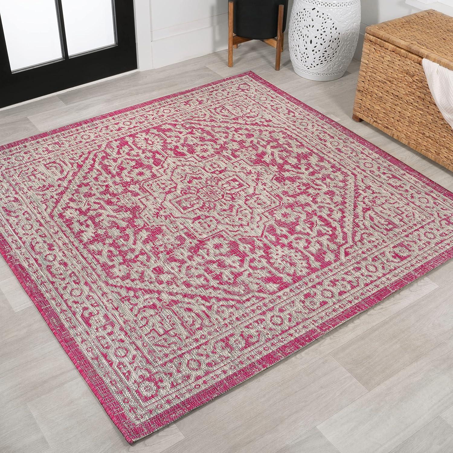 image:imageJONATHAN Y Medallion Weave Indoor Outdoor Round Area Rug 5 Ft YellowCream Sinjuri Textured for Backyard Patio Porch EasyCleaning High Traffic PetFriendly NonShedding SMB101I5RFuchsiaLight Gray