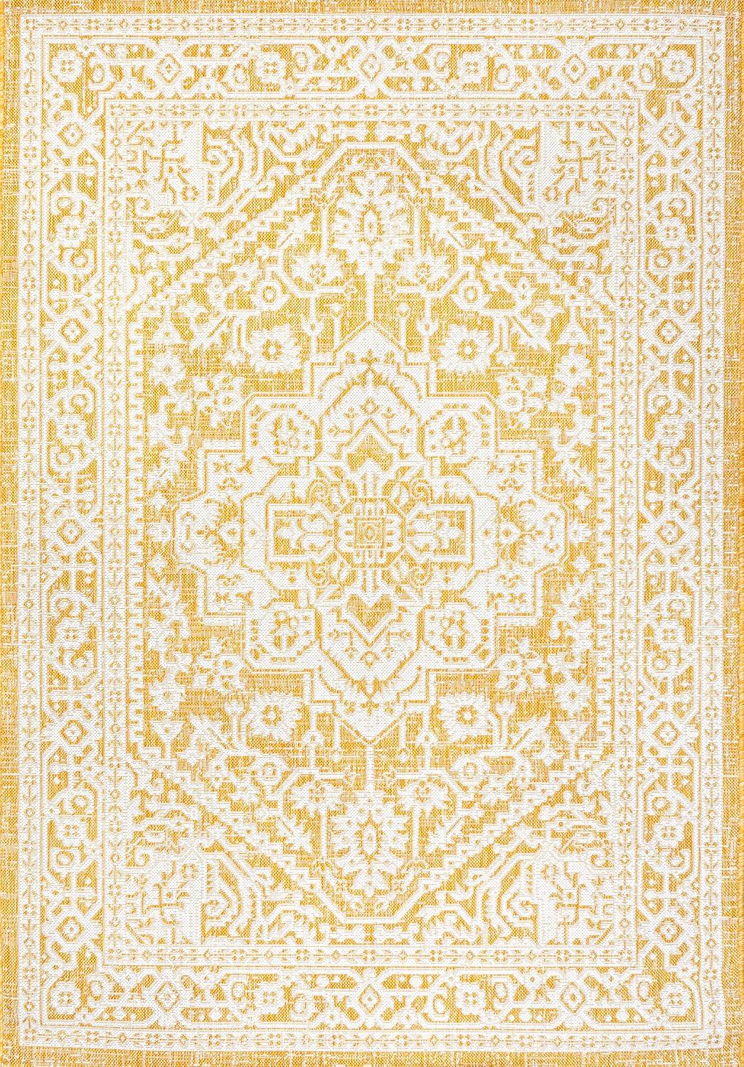 image:imageJONATHAN Y Medallion Weave Indoor Outdoor Round Area Rug 5 Ft YellowCream Sinjuri Textured for Backyard Patio Porch EasyCleaning High Traffic PetFriendly NonShedding SMB101I5RYellowCream
