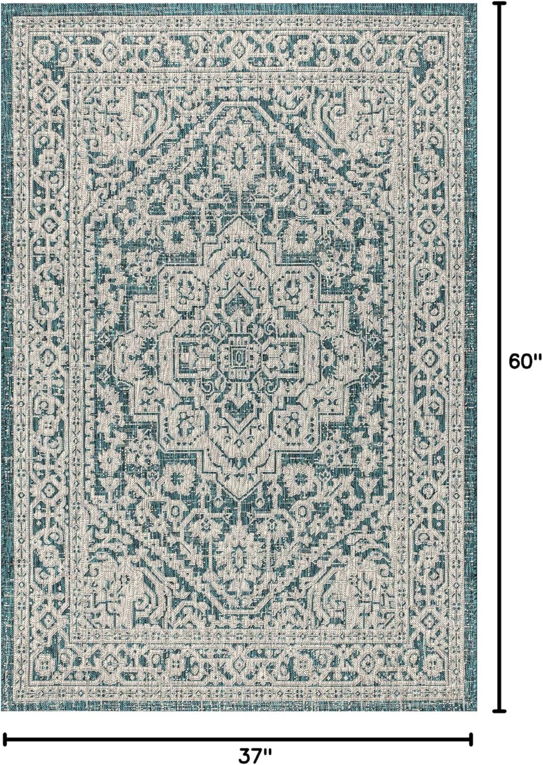 image:imageJONATHAN Y Medallion Weave Indoor Outdoor Round Area Rug 5 Ft YellowCream Sinjuri Textured for Backyard Patio Porch EasyCleaning High Traffic PetFriendly NonShedding SMB101I5RTeal BlueGray