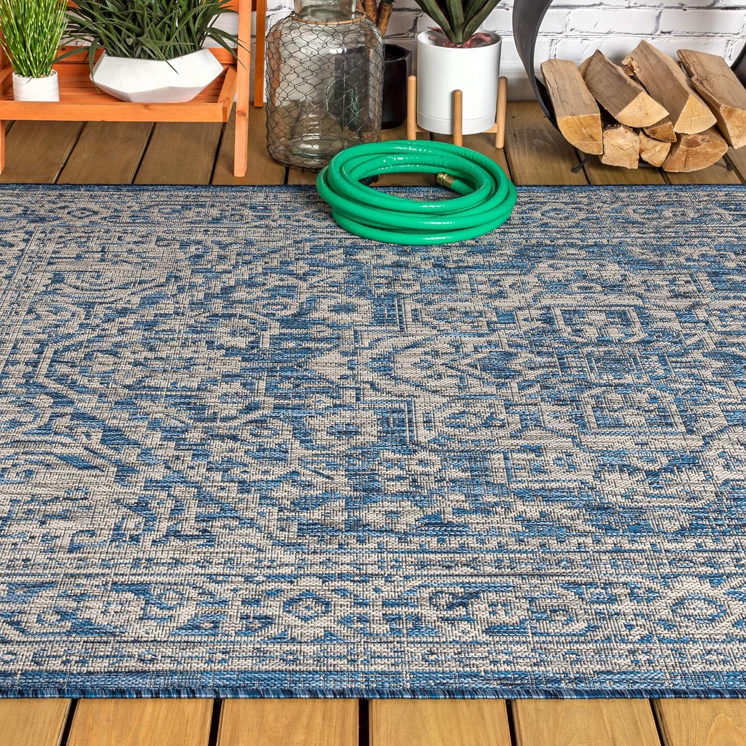 image:imageJONATHAN Y Medallion Weave Indoor Outdoor Round Area Rug 5 Ft YellowCream Sinjuri Textured for Backyard Patio Porch EasyCleaning High Traffic PetFriendly NonShedding SMB101I5RNavyGray
