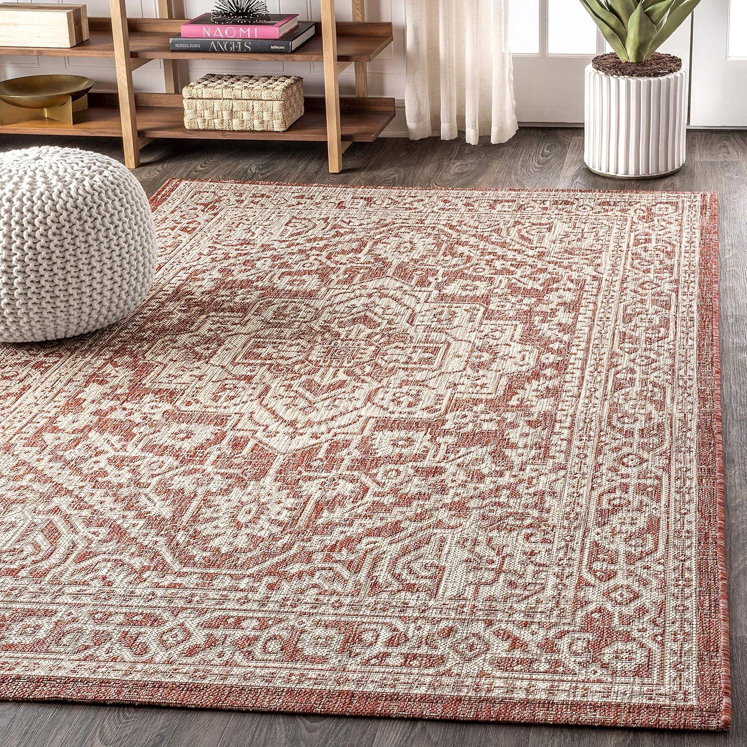 image:imageJONATHAN Y Medallion Weave Indoor Outdoor Round Area Rug 5 Ft YellowCream Sinjuri Textured for Backyard Patio Porch EasyCleaning High Traffic PetFriendly NonShedding SMB101I5RRedTaupe