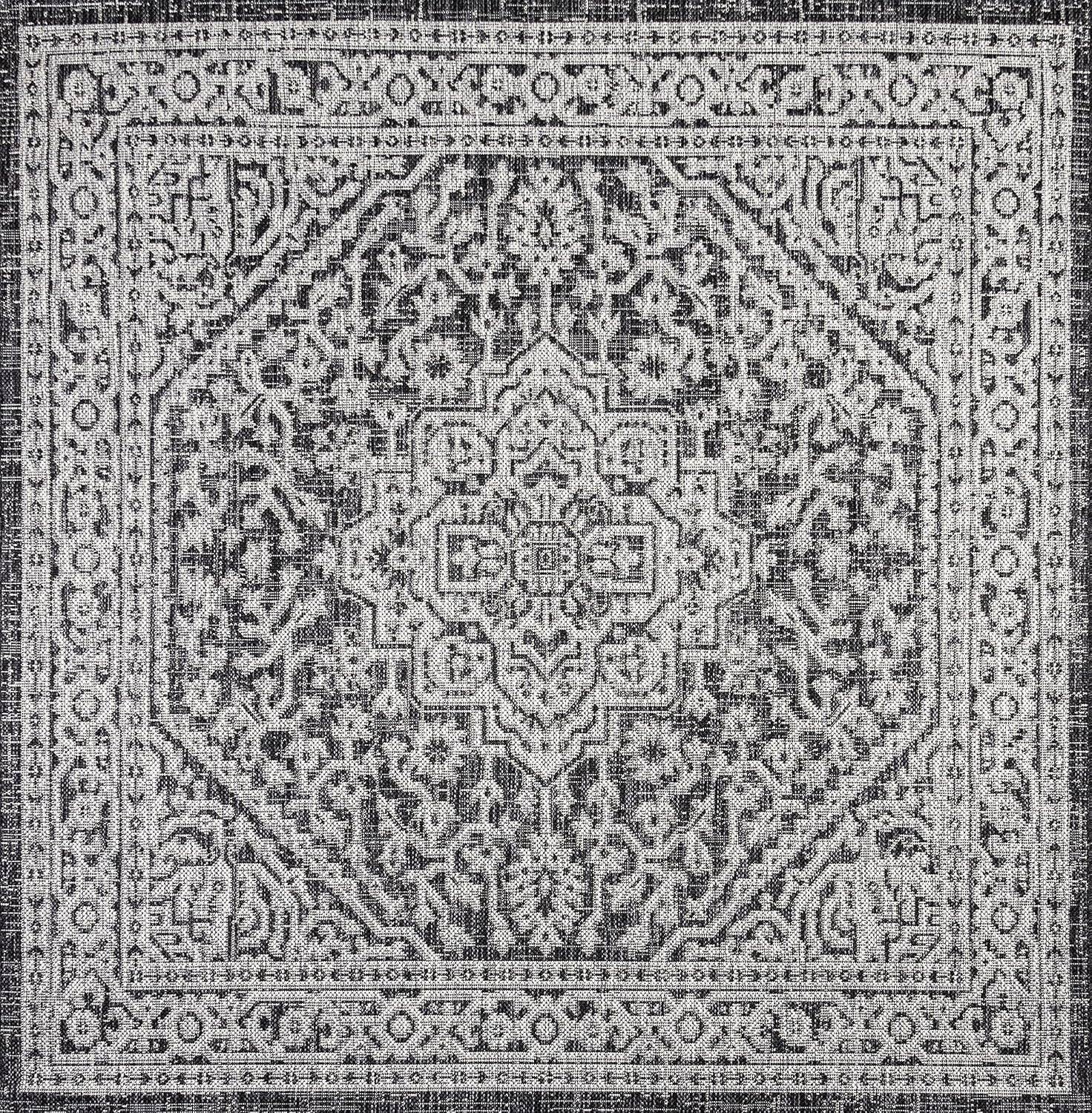 image:imageJONATHAN Y Medallion Weave Indoor Outdoor Round Area Rug 5 Ft YellowCream Sinjuri Textured for Backyard Patio Porch EasyCleaning High Traffic PetFriendly NonShedding SMB101I5RGrayBlack