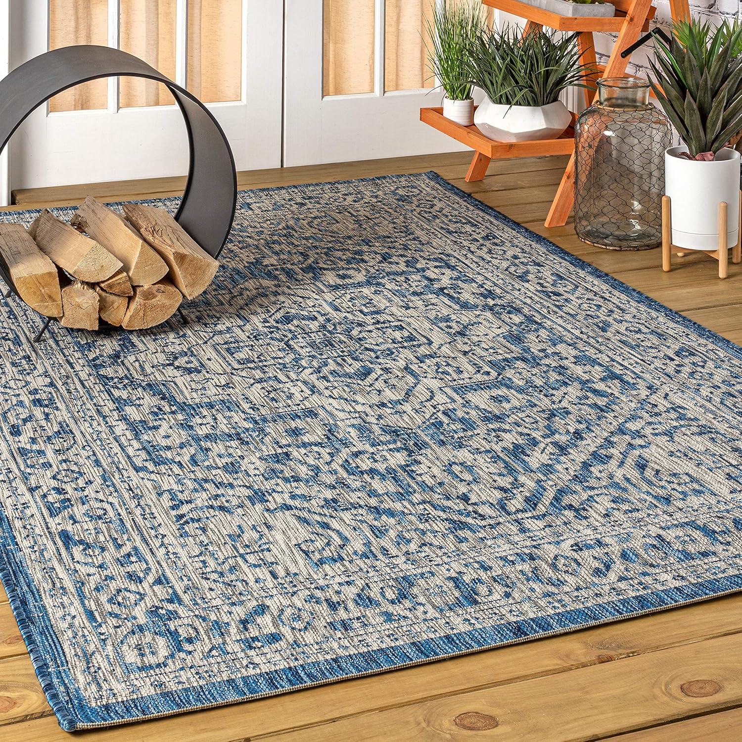 image:imageJONATHAN Y Medallion Weave Indoor Outdoor Round Area Rug 5 Ft YellowCream Sinjuri Textured for Backyard Patio Porch EasyCleaning High Traffic PetFriendly NonShedding SMB101I5RNavyGray
