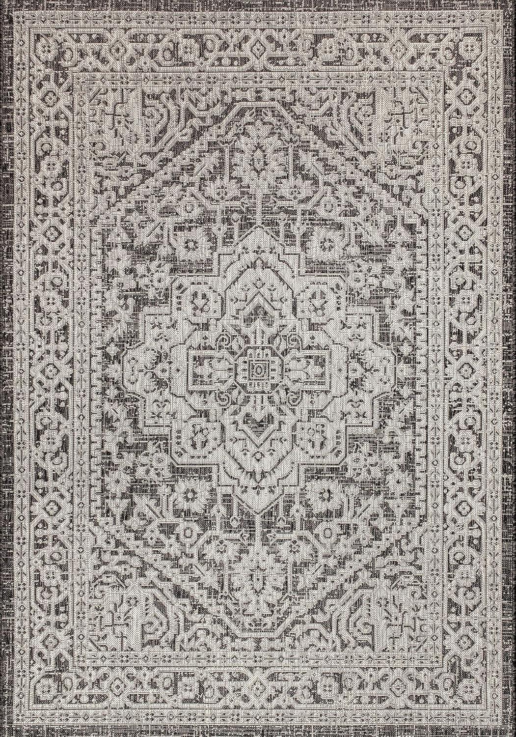 image:imageJONATHAN Y Medallion Weave Indoor Outdoor Round Area Rug 5 Ft YellowCream Sinjuri Textured for Backyard Patio Porch EasyCleaning High Traffic PetFriendly NonShedding SMB101I5RGrayBlack