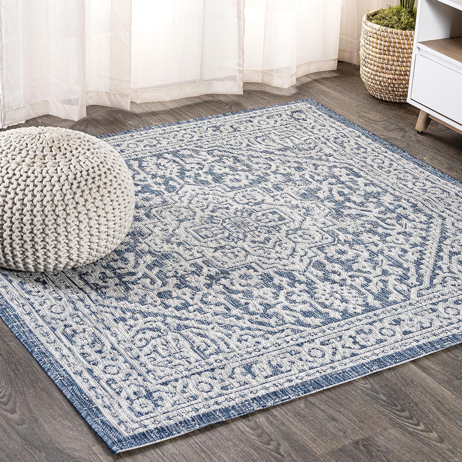 image:imageJONATHAN Y Medallion Weave Indoor Outdoor Round Area Rug 5 Ft YellowCream Sinjuri Textured for Backyard Patio Porch EasyCleaning High Traffic PetFriendly NonShedding SMB101I5RNavyGray