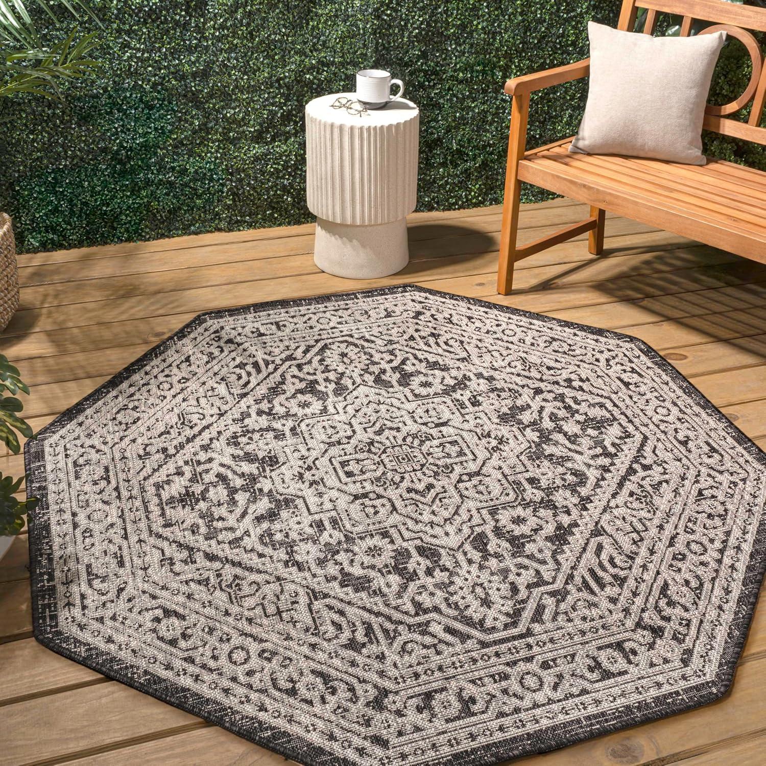 image:imageJONATHAN Y Medallion Weave Indoor Outdoor Round Area Rug 5 Ft YellowCream Sinjuri Textured for Backyard Patio Porch EasyCleaning High Traffic PetFriendly NonShedding SMB101I5RGrayBlack