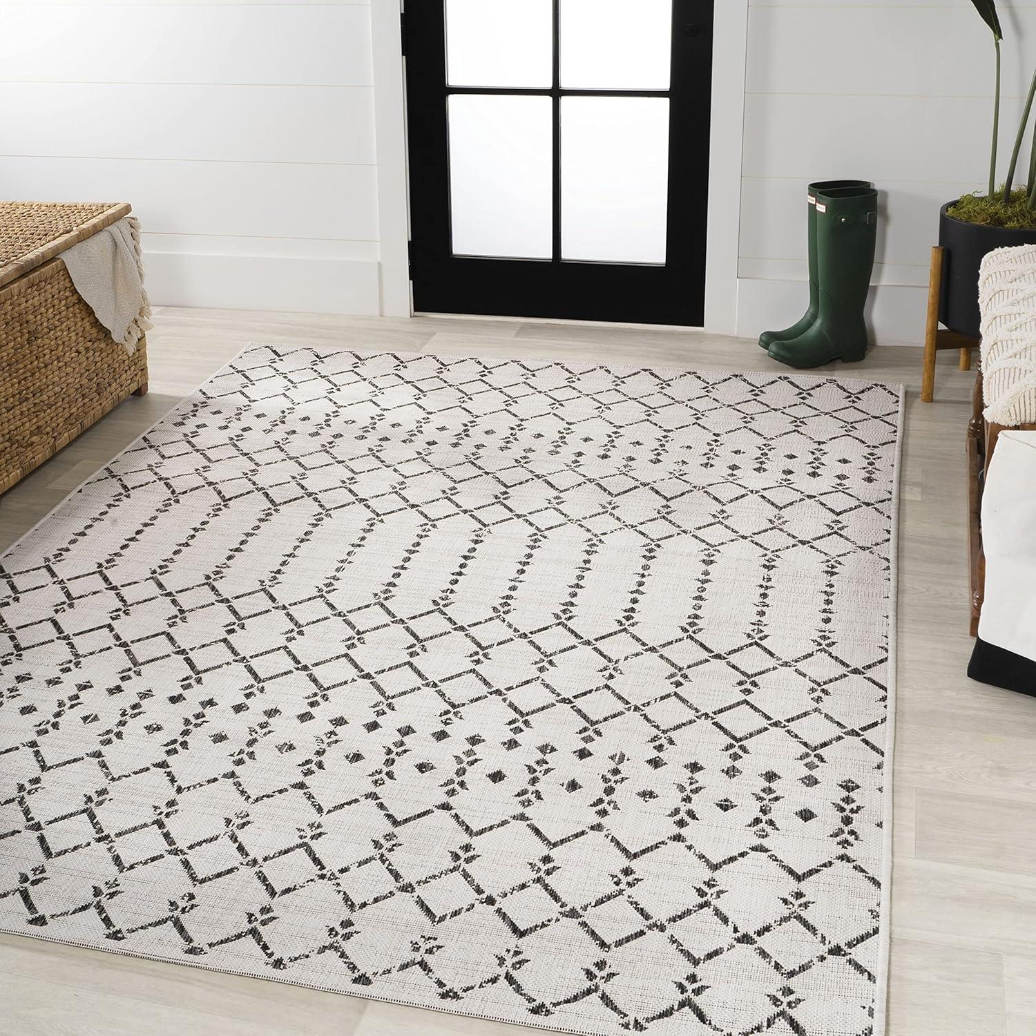 image:imageJONATHAN Y Moroccan Geometric Indoor Outdoor Square Area Rug 5X5 NavyBeige Ourika Textured Weave for Backyard Patio Porch EasyCleaning High Traffic PetFriendly NonShedding SMB108K5SQCreamBlack