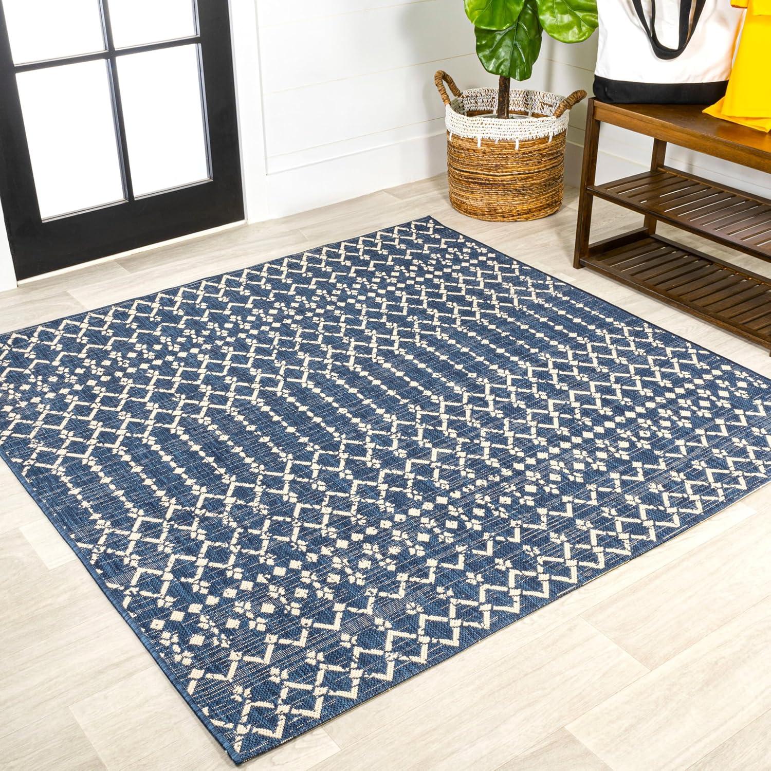 image:imageJONATHAN Y Moroccan Geometric Indoor Outdoor Square Area Rug 5X5 NavyBeige Ourika Textured Weave for Backyard Patio Porch EasyCleaning High Traffic PetFriendly NonShedding SMB108K5SQNavyBeige