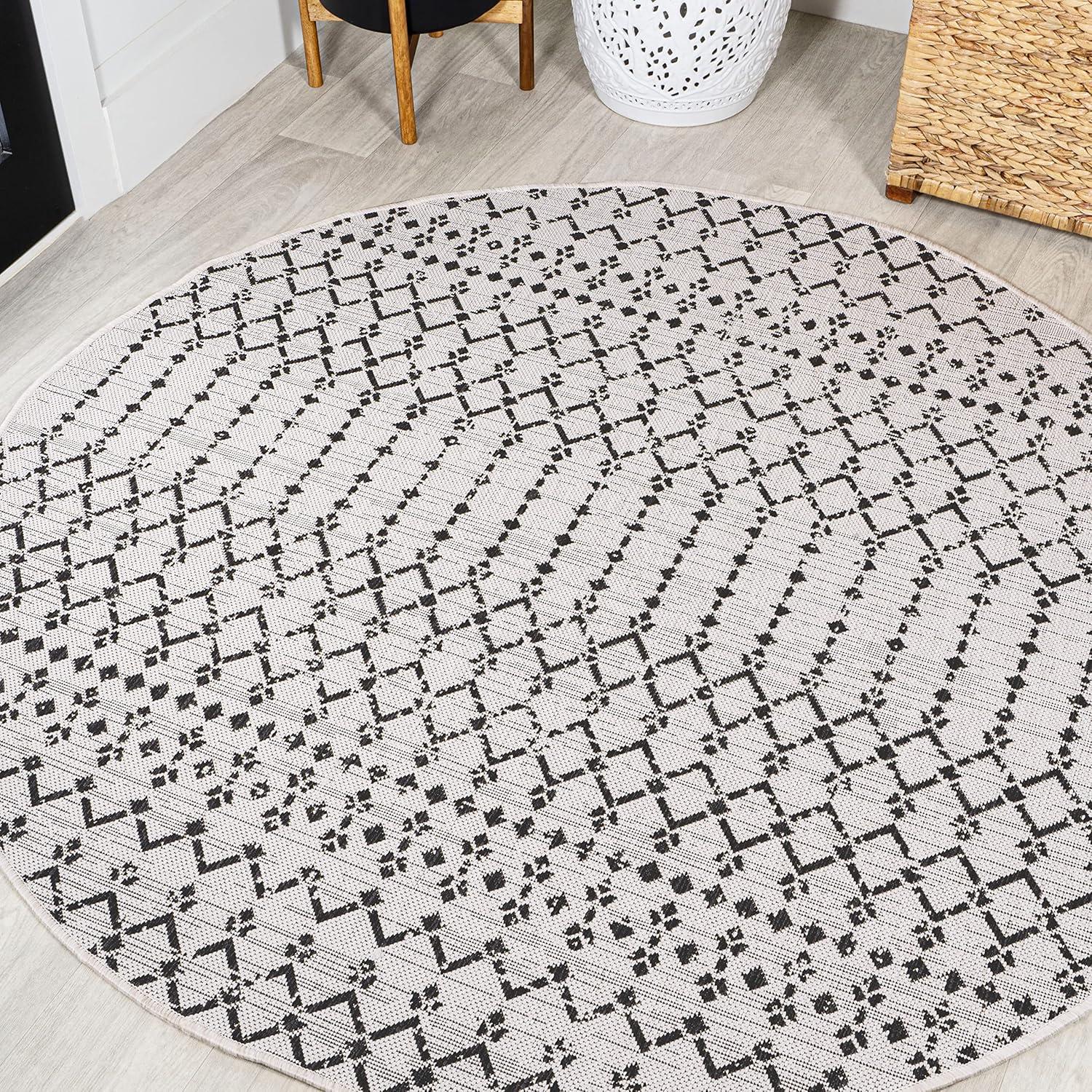 image:imageJONATHAN Y Moroccan Geometric Indoor Outdoor Square Area Rug 5X5 NavyBeige Ourika Textured Weave for Backyard Patio Porch EasyCleaning High Traffic PetFriendly NonShedding SMB108K5SQCreamBlack