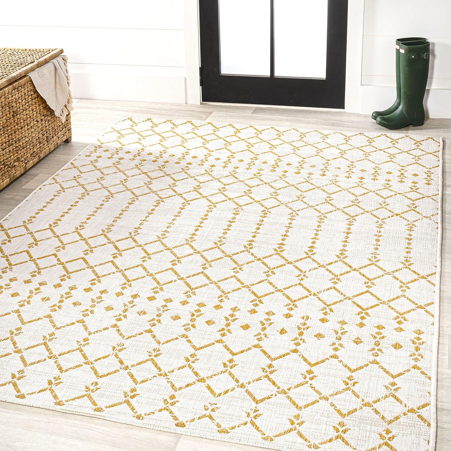 image:imageJONATHAN Y Moroccan Geometric Indoor Outdoor Square Area Rug 5X5 NavyBeige Ourika Textured Weave for Backyard Patio Porch EasyCleaning High Traffic PetFriendly NonShedding SMB108K5SQCreamYellow