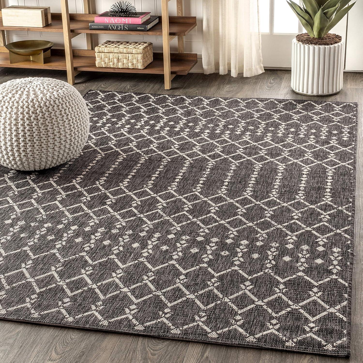 image:imageJONATHAN Y Moroccan Geometric Indoor Outdoor Square Area Rug 5X5 NavyBeige Ourika Textured Weave for Backyard Patio Porch EasyCleaning High Traffic PetFriendly NonShedding SMB108K5SQBlackGray