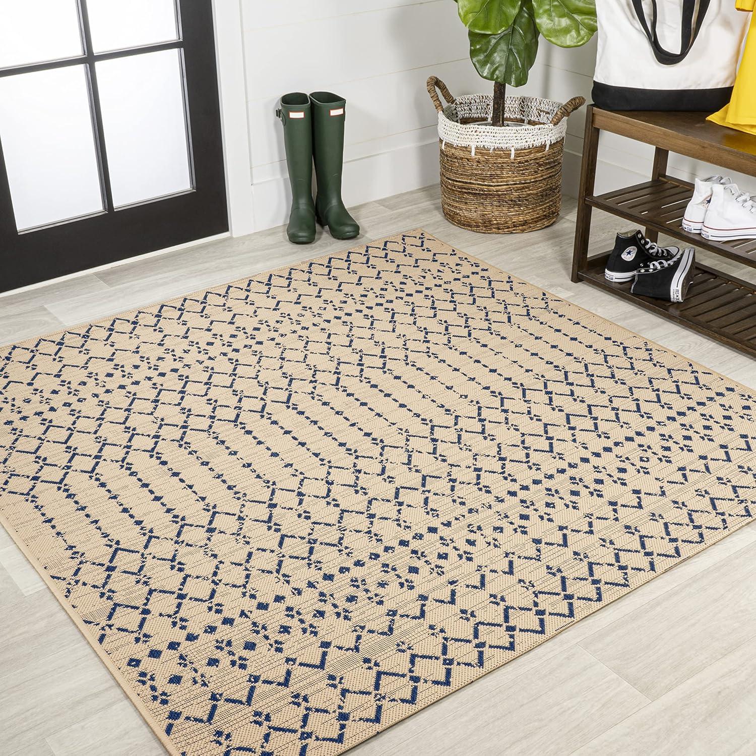 image:imageJONATHAN Y Moroccan Geometric Indoor Outdoor Square Area Rug 5X5 NavyBeige Ourika Textured Weave for Backyard Patio Porch EasyCleaning High Traffic PetFriendly NonShedding SMB108K5SQBeigeNavy