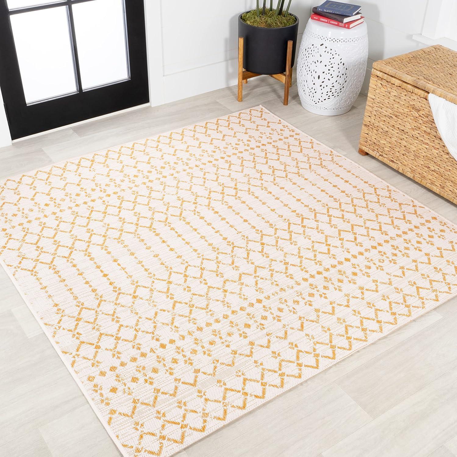 image:imageJONATHAN Y Moroccan Geometric Indoor Outdoor Square Area Rug 5X5 NavyBeige Ourika Textured Weave for Backyard Patio Porch EasyCleaning High Traffic PetFriendly NonShedding SMB108K5SQCreamYellow