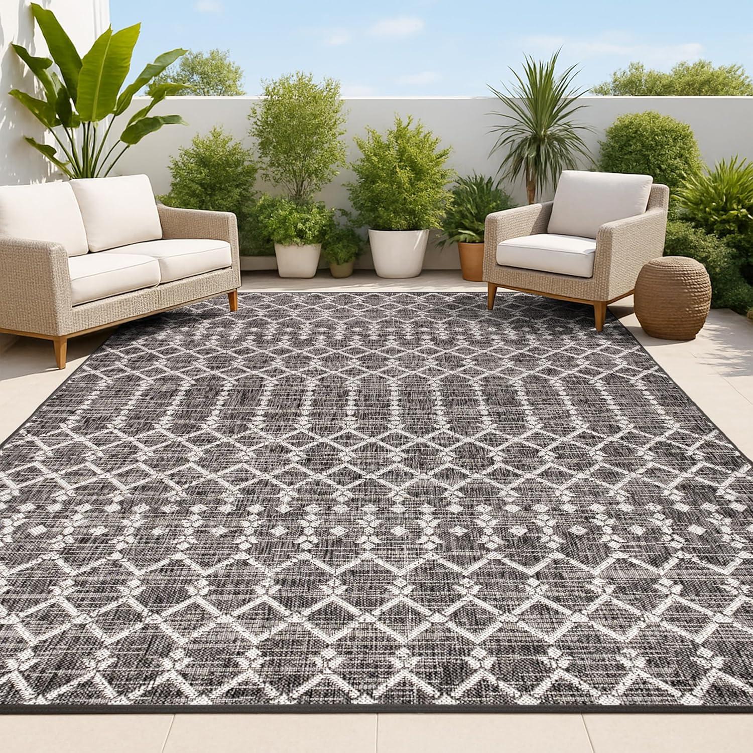 image:imageJONATHAN Y Moroccan Geometric Indoor Outdoor Square Area Rug 5X5 NavyBeige Ourika Textured Weave for Backyard Patio Porch EasyCleaning High Traffic PetFriendly NonShedding SMB108K5SQBlackGray