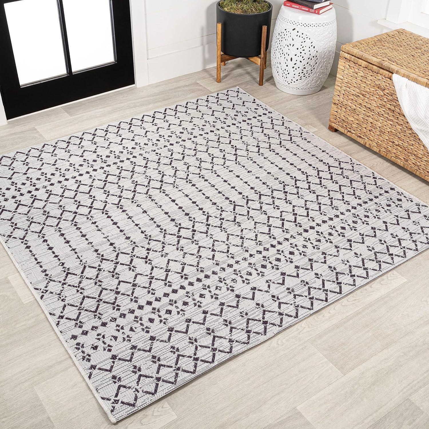 image:imageJONATHAN Y Moroccan Geometric Indoor Outdoor Square Area Rug 5X5 NavyBeige Ourika Textured Weave for Backyard Patio Porch EasyCleaning High Traffic PetFriendly NonShedding SMB108K5SQCreamBlack