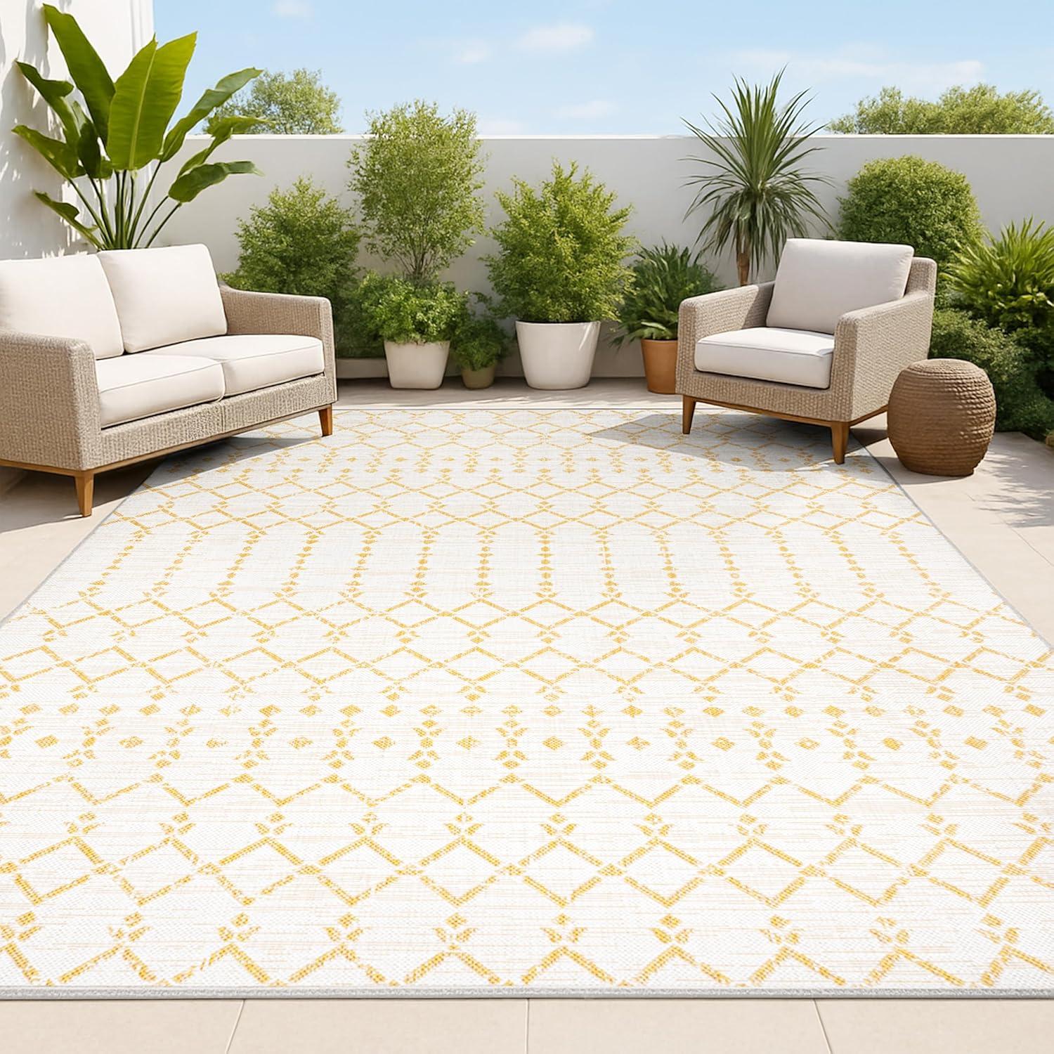 image:imageJONATHAN Y Moroccan Geometric Indoor Outdoor Square Area Rug 5X5 NavyBeige Ourika Textured Weave for Backyard Patio Porch EasyCleaning High Traffic PetFriendly NonShedding SMB108K5SQCreamYellow