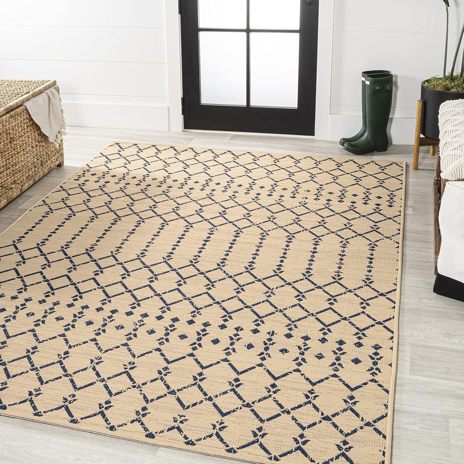 image:imageJONATHAN Y Moroccan Geometric Indoor Outdoor Square Area Rug 5X5 NavyBeige Ourika Textured Weave for Backyard Patio Porch EasyCleaning High Traffic PetFriendly NonShedding SMB108K5SQBeigeNavy