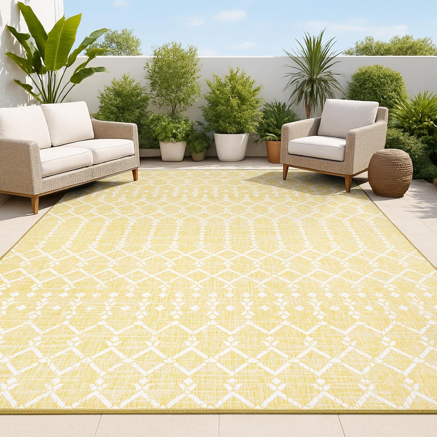 image:imageJONATHAN Y Moroccan Geometric Indoor Outdoor Square Area Rug 5X5 NavyBeige Ourika Textured Weave for Backyard Patio Porch EasyCleaning High Traffic PetFriendly NonShedding SMB108K5SQYellowCream