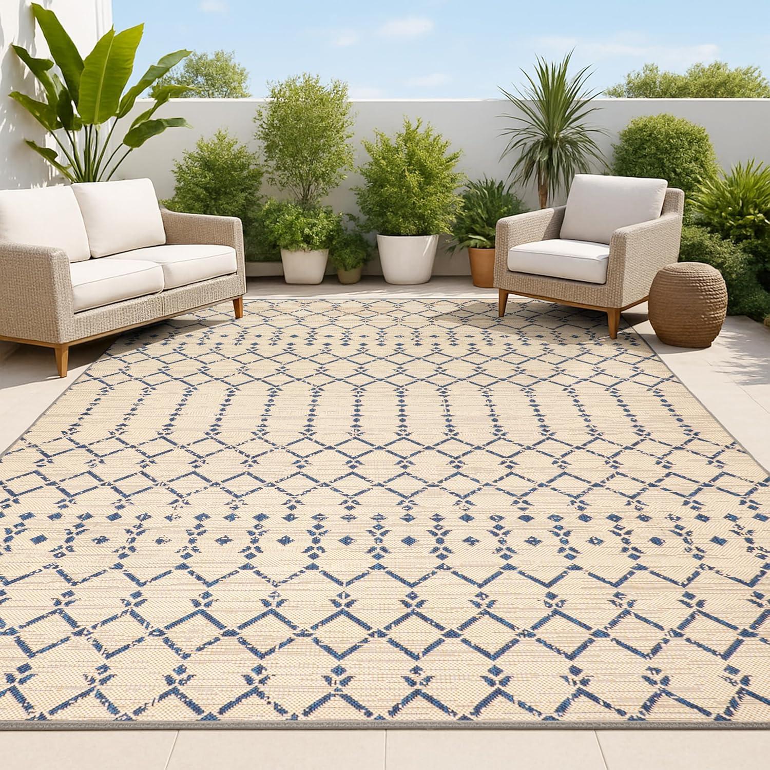 image:imageJONATHAN Y Moroccan Geometric Indoor Outdoor Square Area Rug 5X5 NavyBeige Ourika Textured Weave for Backyard Patio Porch EasyCleaning High Traffic PetFriendly NonShedding SMB108K5SQBeigeNavy