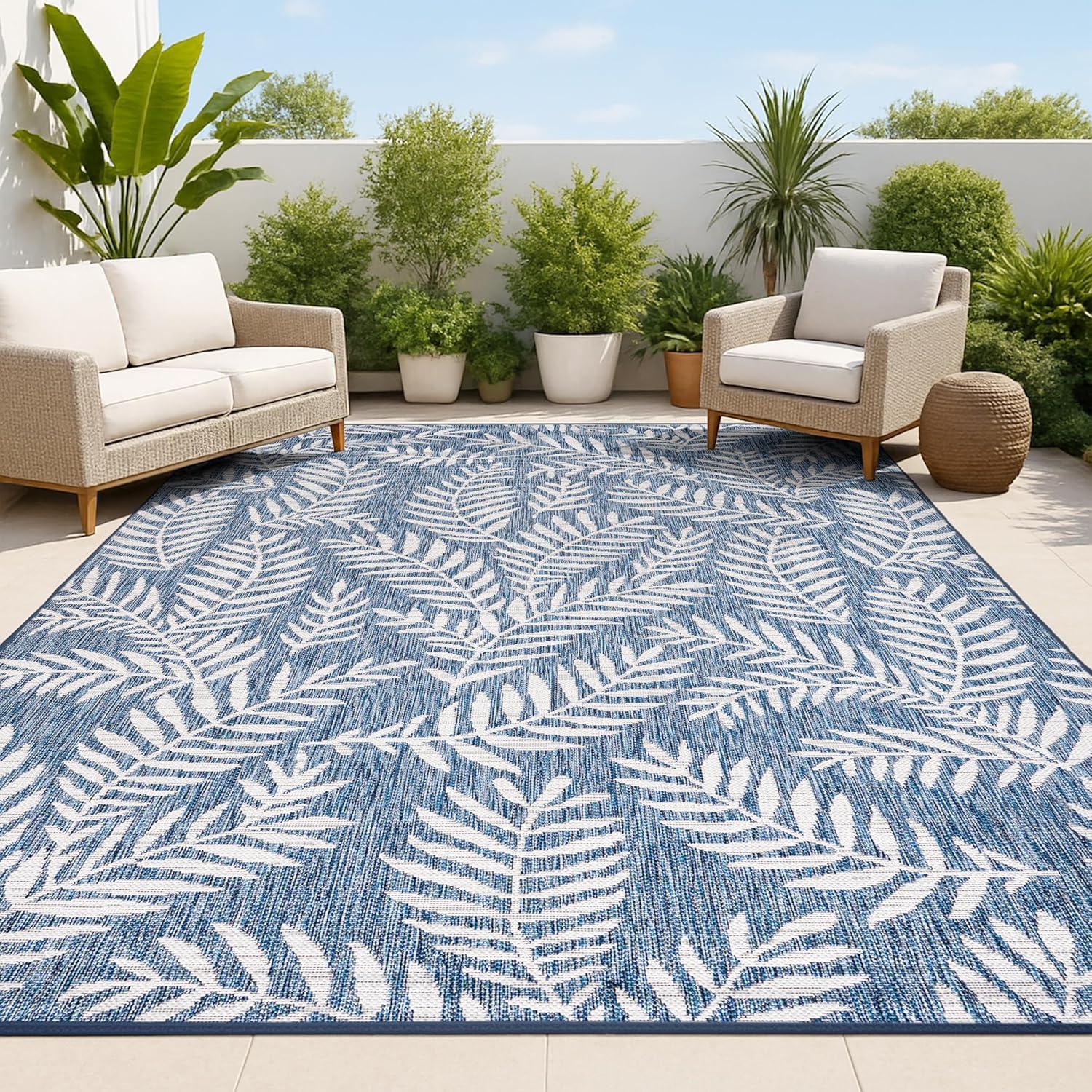 image:imageJONATHAN Y Palm Frond Indoor Outdoor Round Area Rug 5 Ft CreamGreen Nevis for Backyard Patio Porch EasyCleaning High Traffic PetFriendly NonShedding SMB119G5RNavyIvory