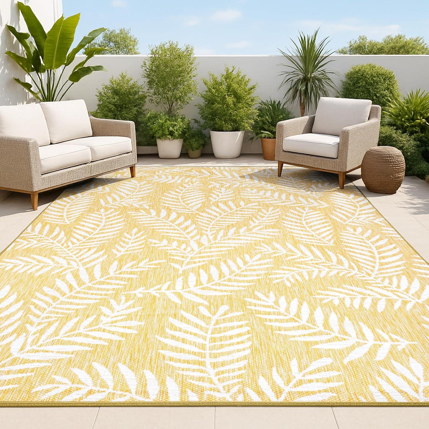 image:imageJONATHAN Y Palm Frond Indoor Outdoor Round Area Rug 5 Ft CreamGreen Nevis for Backyard Patio Porch EasyCleaning High Traffic PetFriendly NonShedding SMB119G5RYellowCream