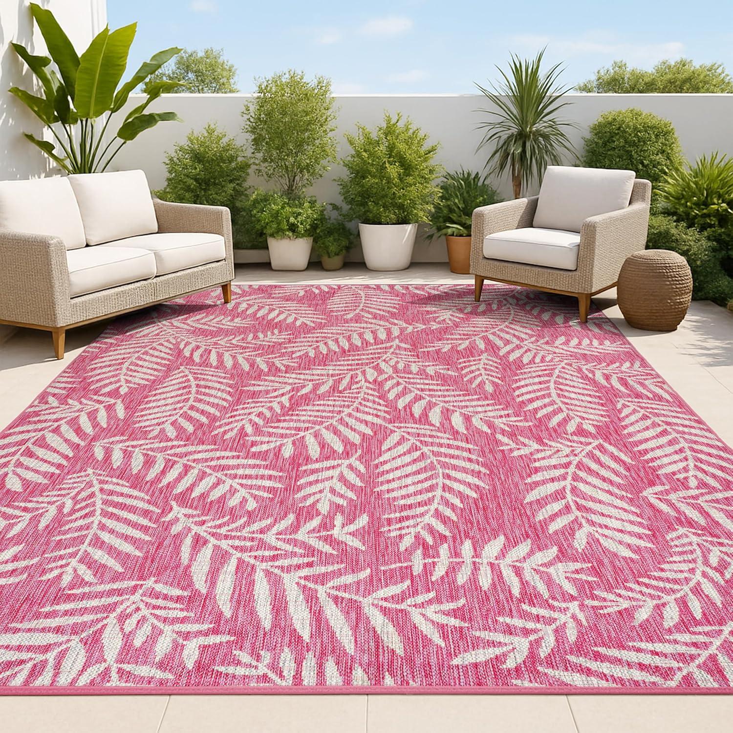image:imageJONATHAN Y Palm Frond Indoor Outdoor Round Area Rug 5 Ft CreamGreen Nevis for Backyard Patio Porch EasyCleaning High Traffic PetFriendly NonShedding SMB119G5RFuchsiaLight Gray