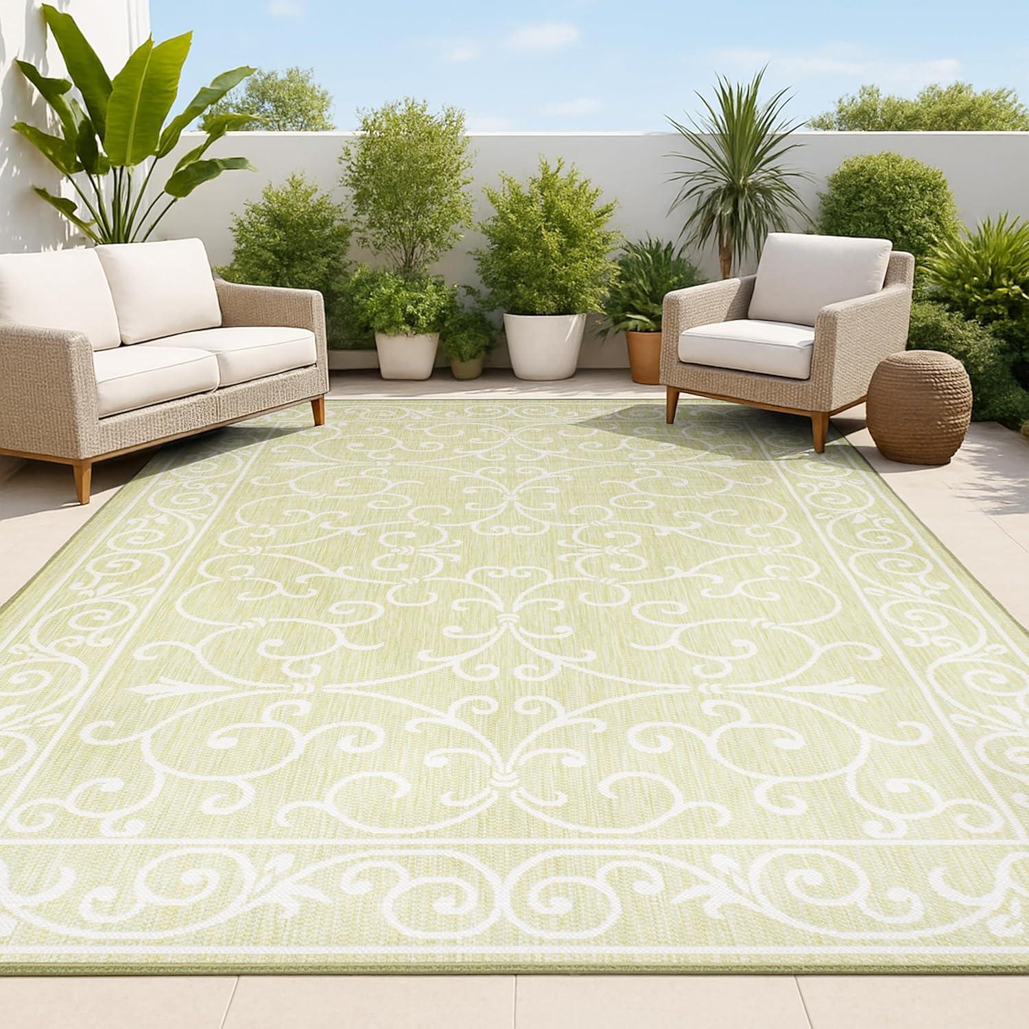 image:imageJONATHAN Y Vintage Filigree Indoor Outdoor Round Area Rug 5 Ft YellowCream Charleston Textured Weave for Backyard Patio Porch EasyCleaning High Traffic PetFriendly NonShedding SMB106L5RGreenCream