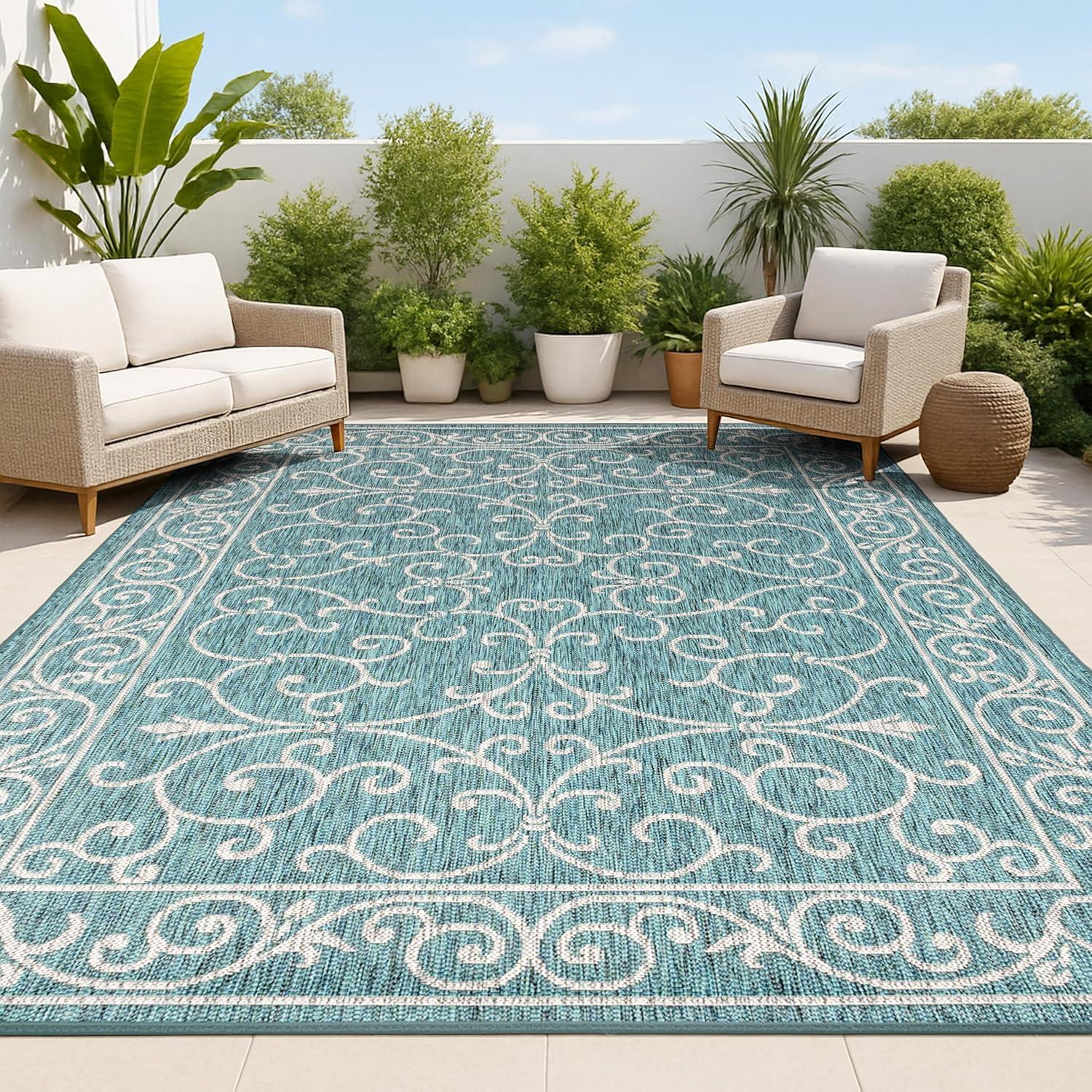 image:imageJONATHAN Y Vintage Filigree Indoor Outdoor Round Area Rug 5 Ft YellowCream Charleston Textured Weave for Backyard Patio Porch EasyCleaning High Traffic PetFriendly NonShedding SMB106L5RTealGray
