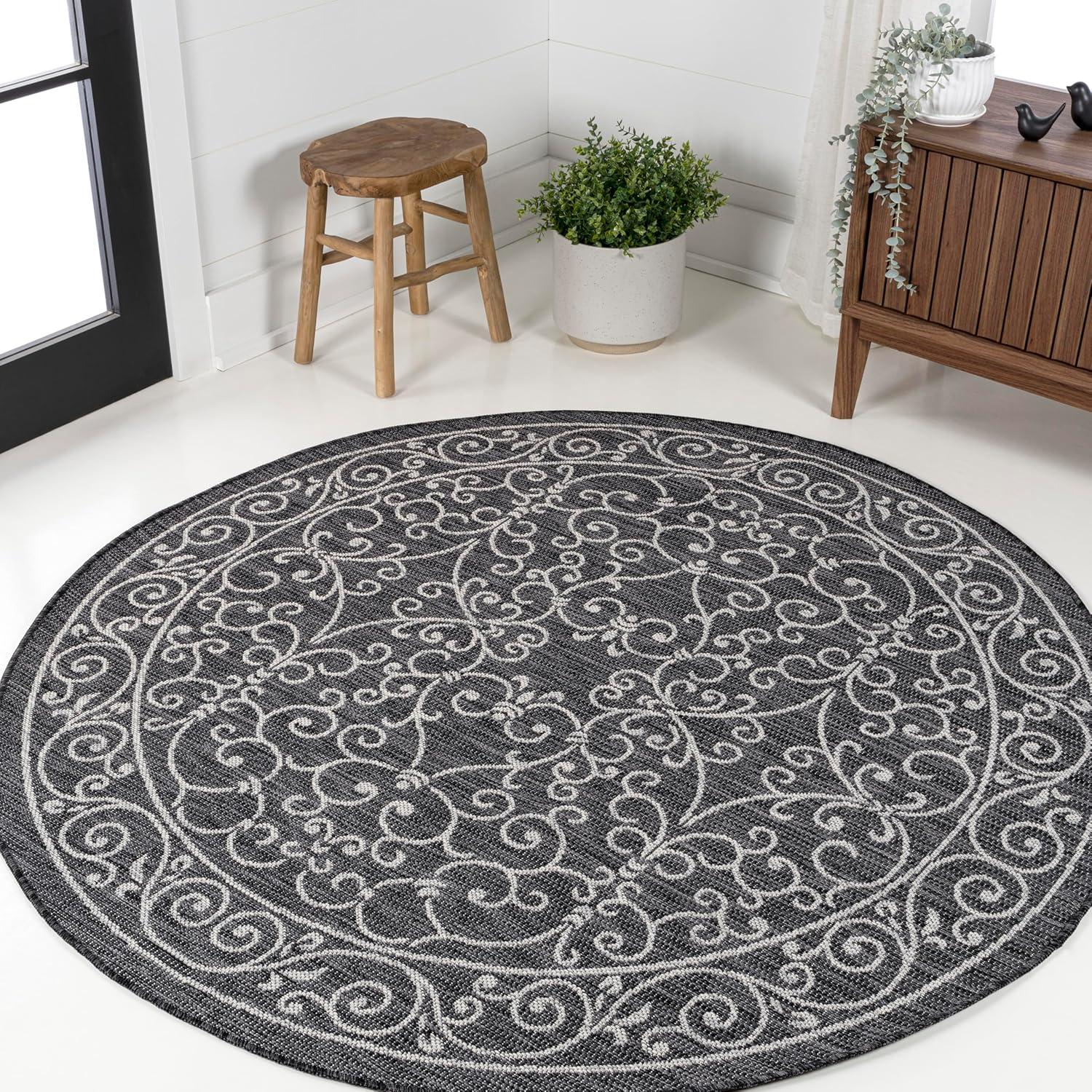 image:imageJONATHAN Y Vintage Filigree Indoor Outdoor Round Area Rug 5 Ft YellowCream Charleston Textured Weave for Backyard Patio Porch EasyCleaning High Traffic PetFriendly NonShedding SMB106L5RBlackGray