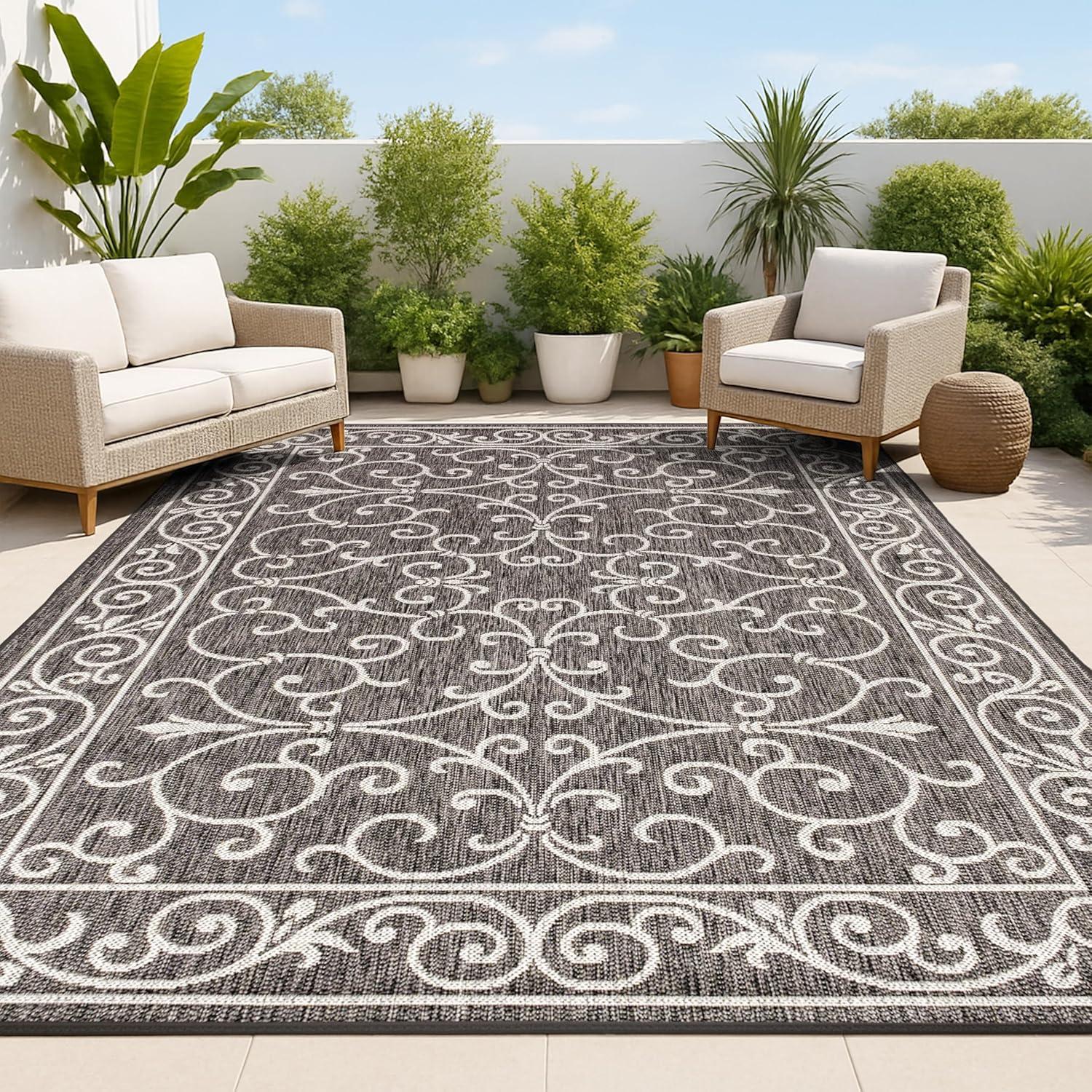 image:imageJONATHAN Y Vintage Filigree Indoor Outdoor Round Area Rug 5 Ft YellowCream Charleston Textured Weave for Backyard Patio Porch EasyCleaning High Traffic PetFriendly NonShedding SMB106L5RBlackGray
