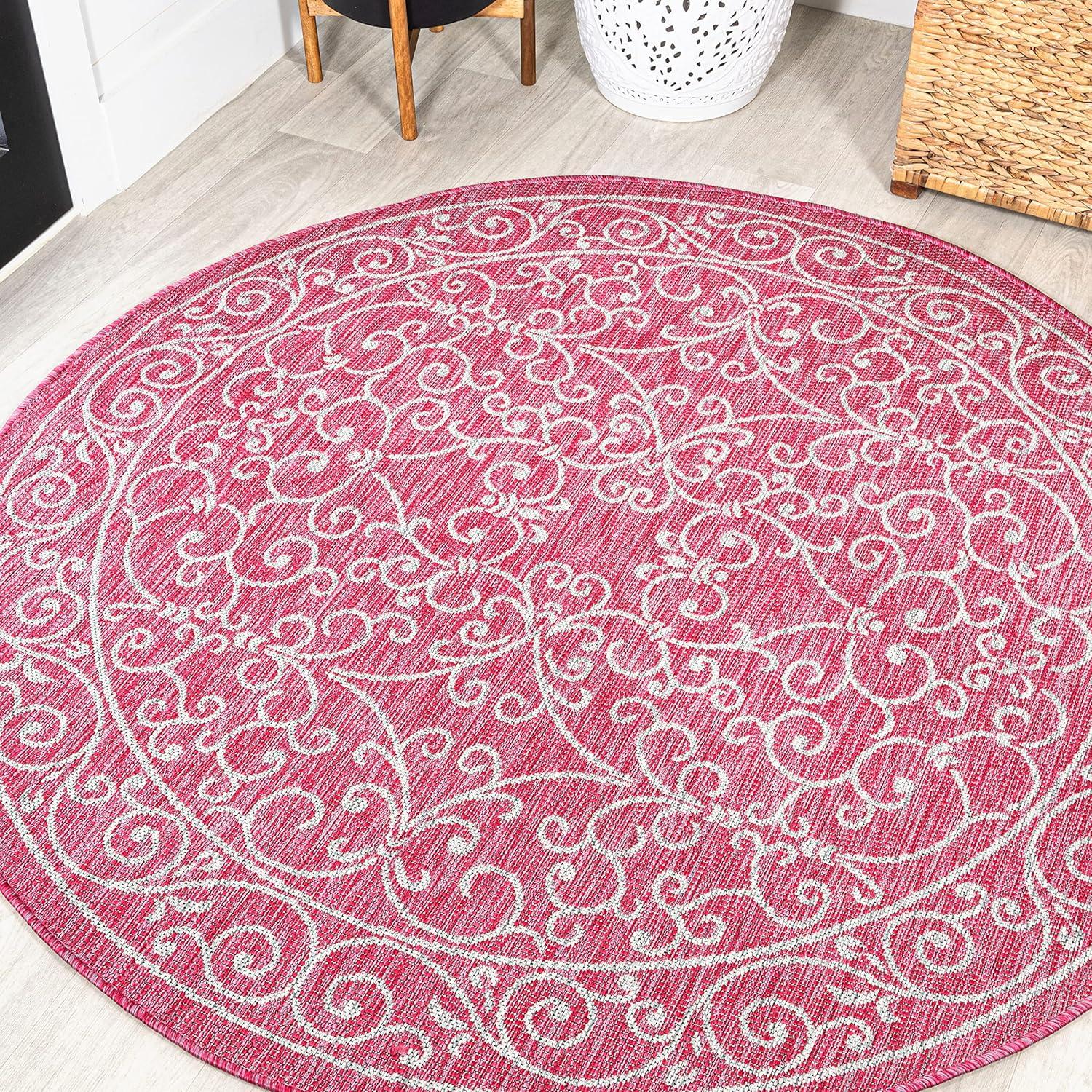 image:imageJONATHAN Y Vintage Filigree Indoor Outdoor Round Area Rug 5 Ft YellowCream Charleston Textured Weave for Backyard Patio Porch EasyCleaning High Traffic PetFriendly NonShedding SMB106L5RFuchsiaLight Gray