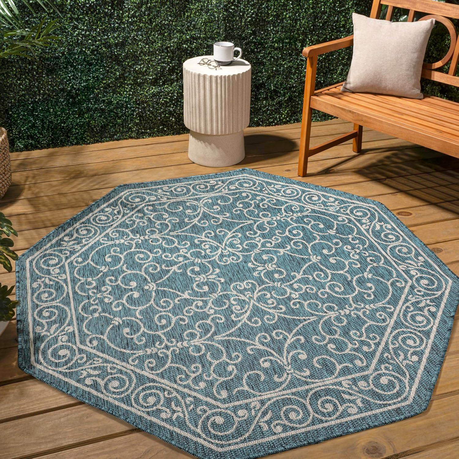 image:imageJONATHAN Y Vintage Filigree Indoor Outdoor Round Area Rug 5 Ft YellowCream Charleston Textured Weave for Backyard Patio Porch EasyCleaning High Traffic PetFriendly NonShedding SMB106L5RTealGray
