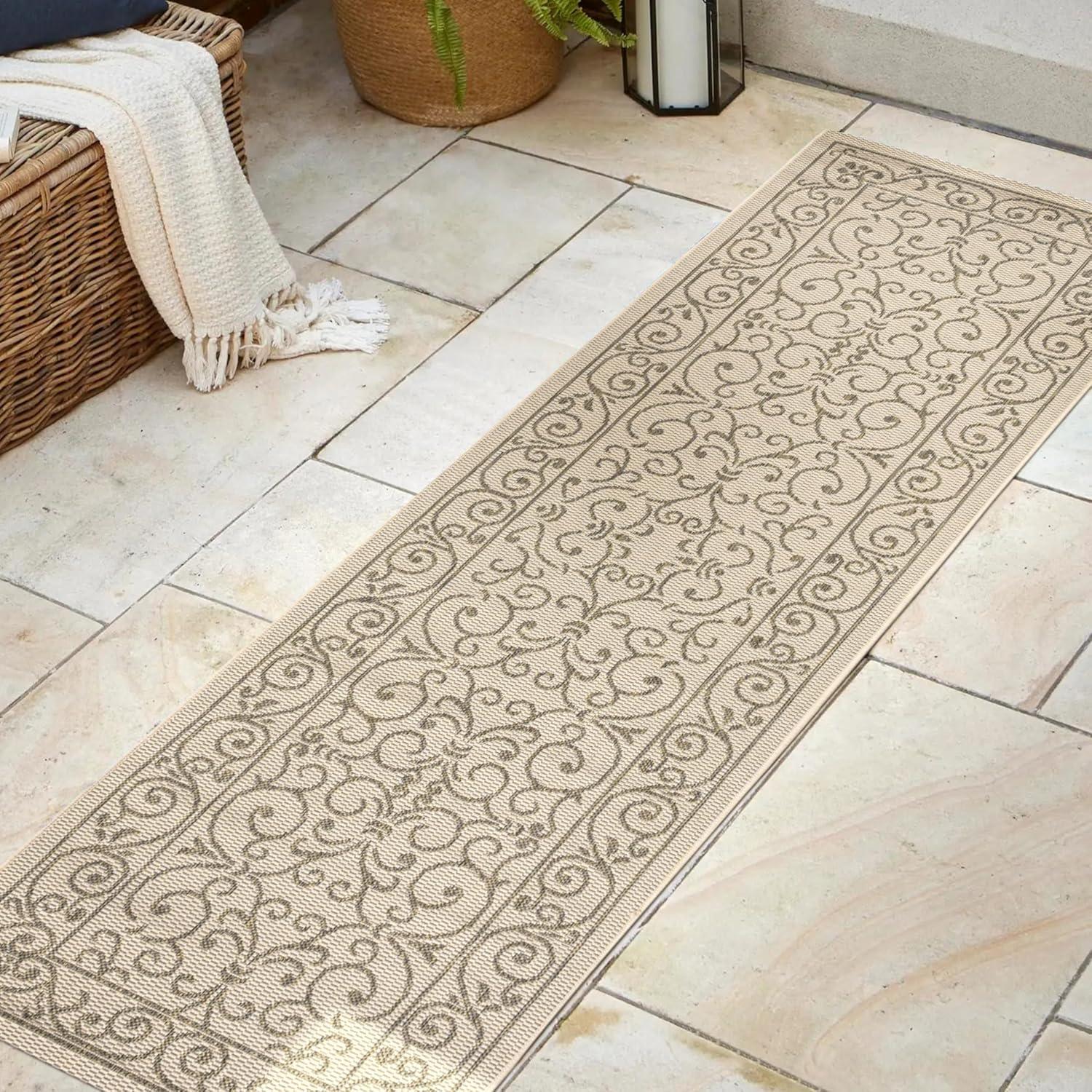 image:imageJONATHAN Y Vintage Filigree Indoor Outdoor Round Area Rug 5 Ft YellowCream Charleston Textured Weave for Backyard Patio Porch EasyCleaning High Traffic PetFriendly NonShedding SMB106L5RBeigeBrown