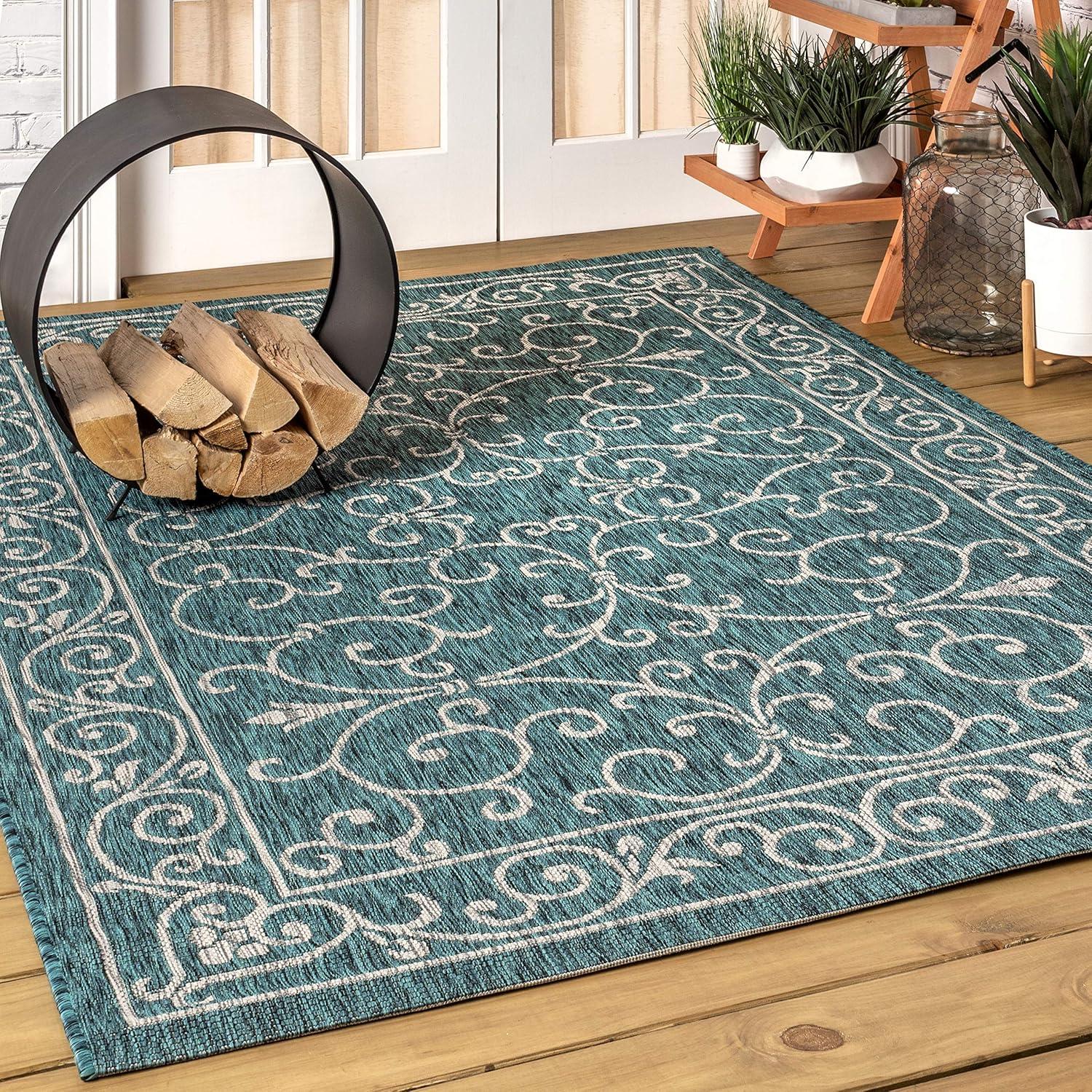 image:imageJONATHAN Y Vintage Filigree Indoor Outdoor Round Area Rug 5 Ft YellowCream Charleston Textured Weave for Backyard Patio Porch EasyCleaning High Traffic PetFriendly NonShedding SMB106L5RTealGray