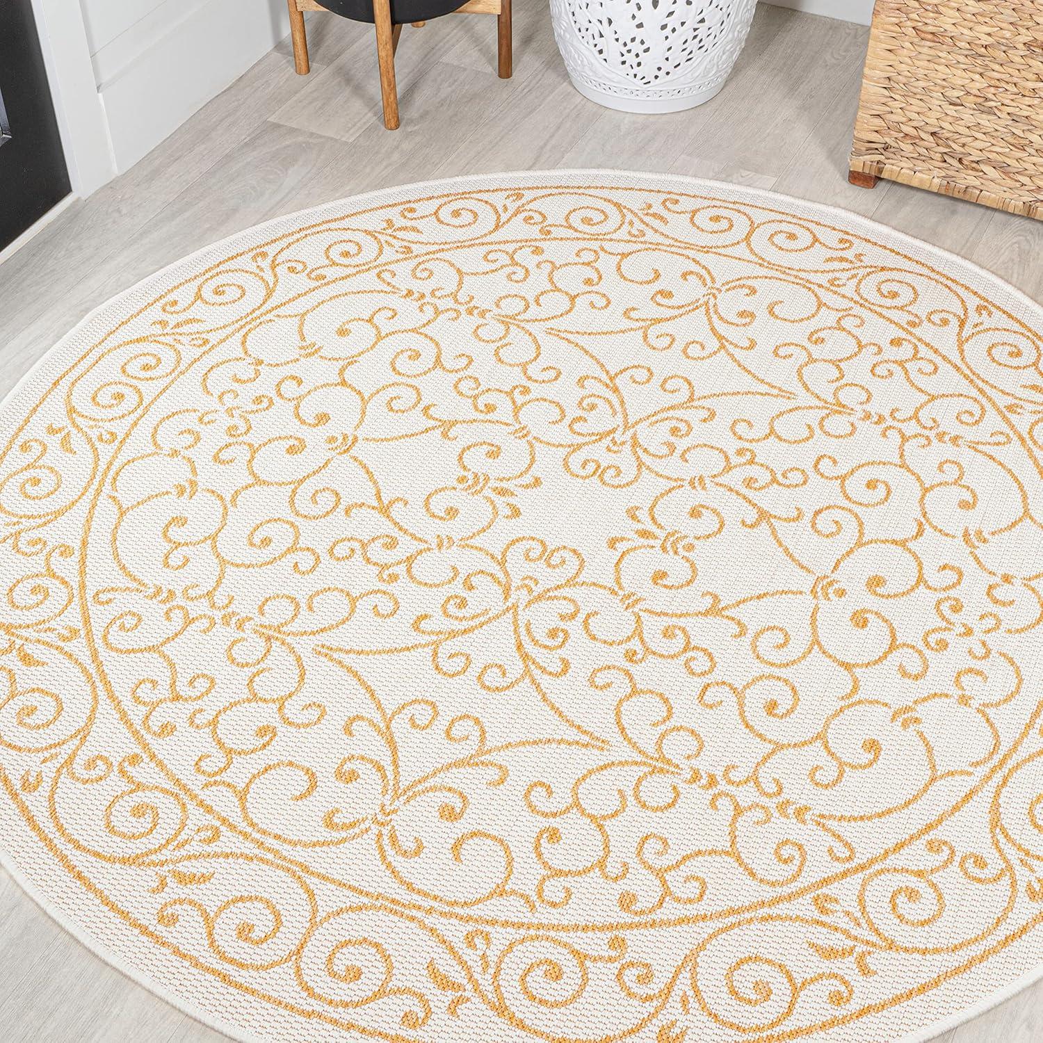 image:imageJONATHAN Y Vintage Filigree Indoor Outdoor Round Area Rug 5 Ft YellowCream Charleston Textured Weave for Backyard Patio Porch EasyCleaning High Traffic PetFriendly NonShedding SMB106L5RCreamYellow