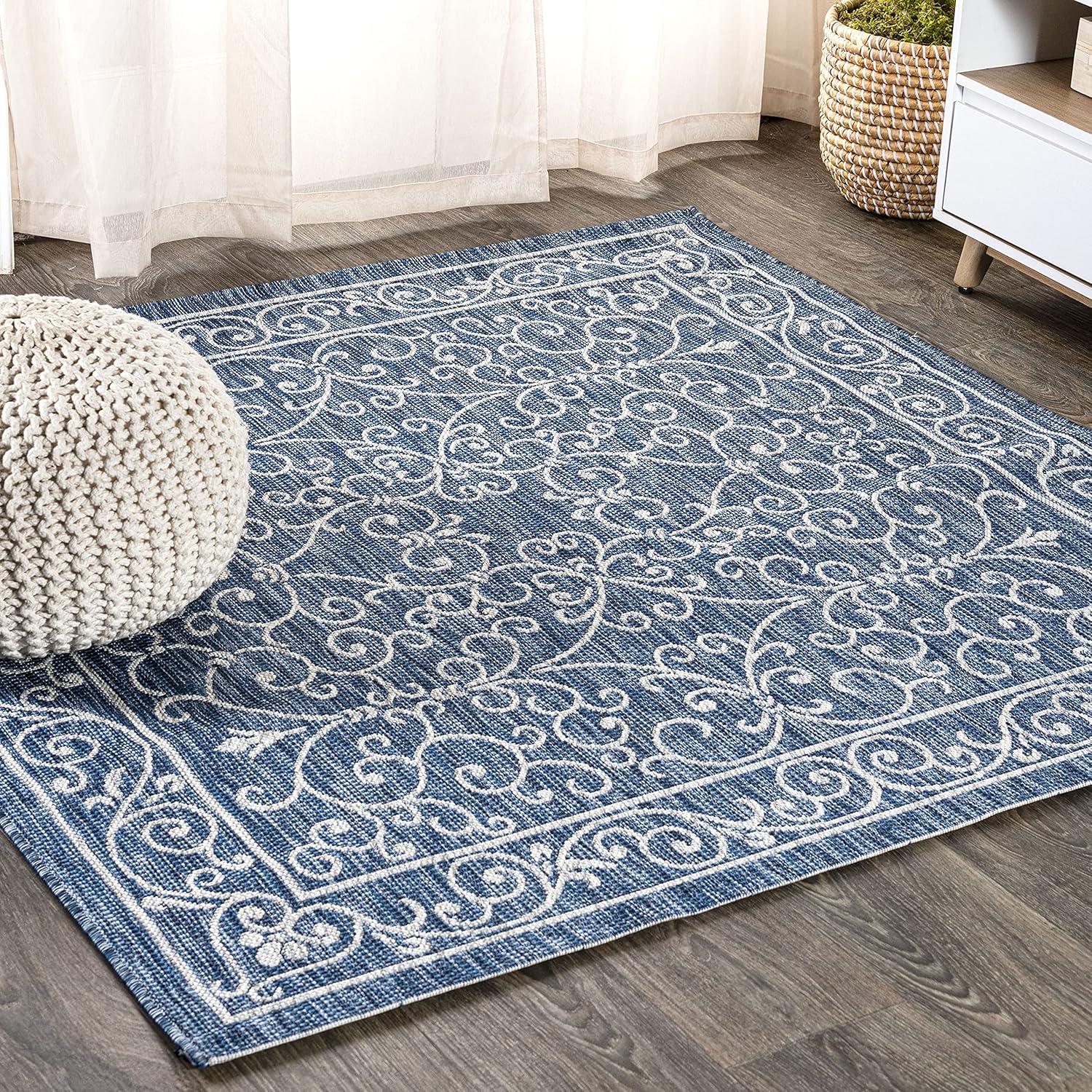 image:imageJONATHAN Y Vintage Filigree Indoor Outdoor Round Area Rug 5 Ft YellowCream Charleston Textured Weave for Backyard Patio Porch EasyCleaning High Traffic PetFriendly NonShedding SMB106L5RNavyGray