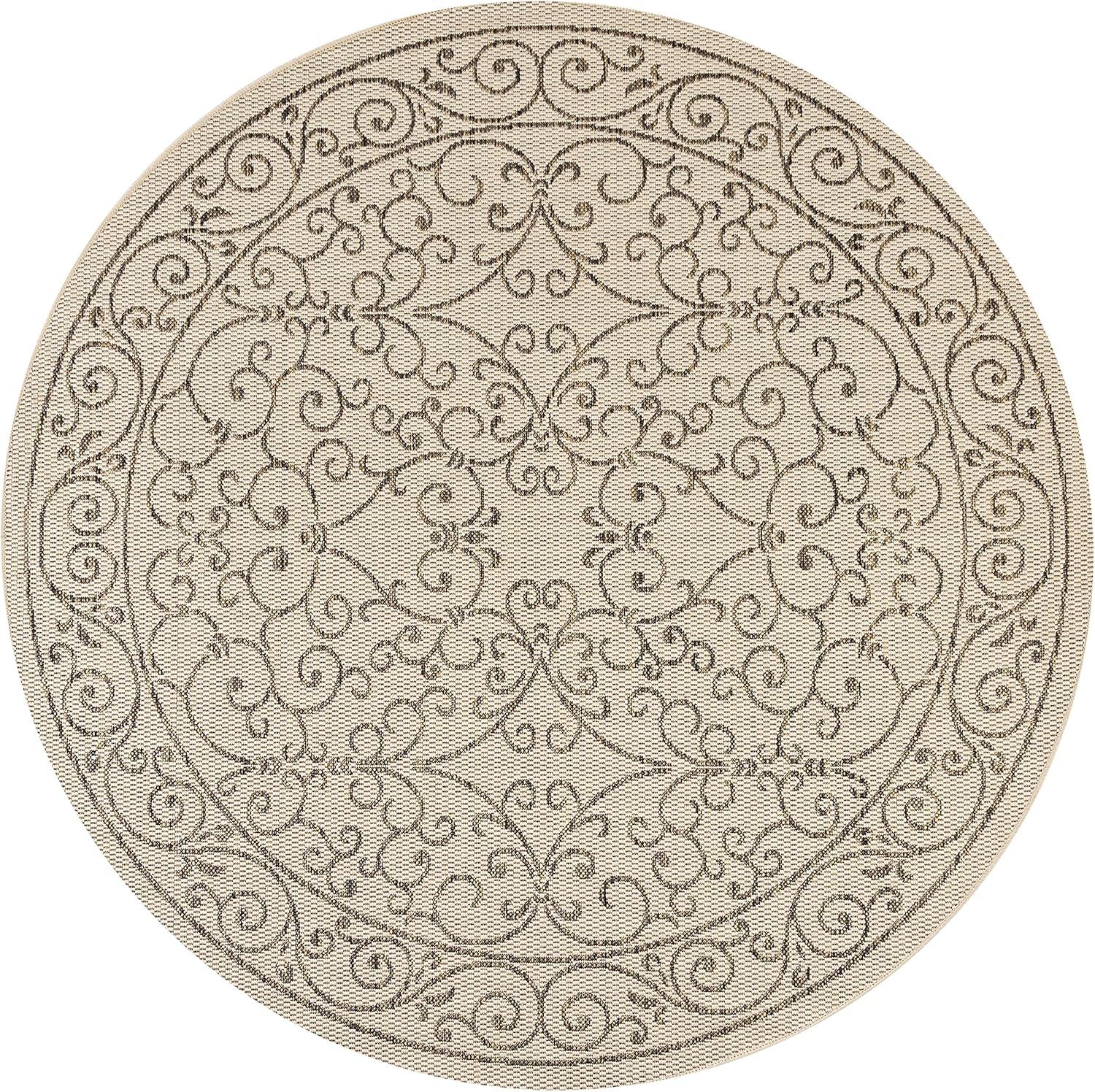image:imageJONATHAN Y Vintage Filigree Indoor Outdoor Round Area Rug 5 Ft YellowCream Charleston Textured Weave for Backyard Patio Porch EasyCleaning High Traffic PetFriendly NonShedding SMB106L5RBeigeBrown
