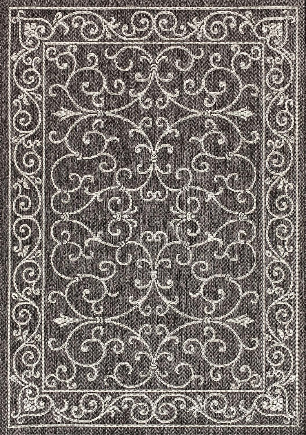 image:imageJONATHAN Y Vintage Filigree Indoor Outdoor Round Area Rug 5 Ft YellowCream Charleston Textured Weave for Backyard Patio Porch EasyCleaning High Traffic PetFriendly NonShedding SMB106L5RBlackGray