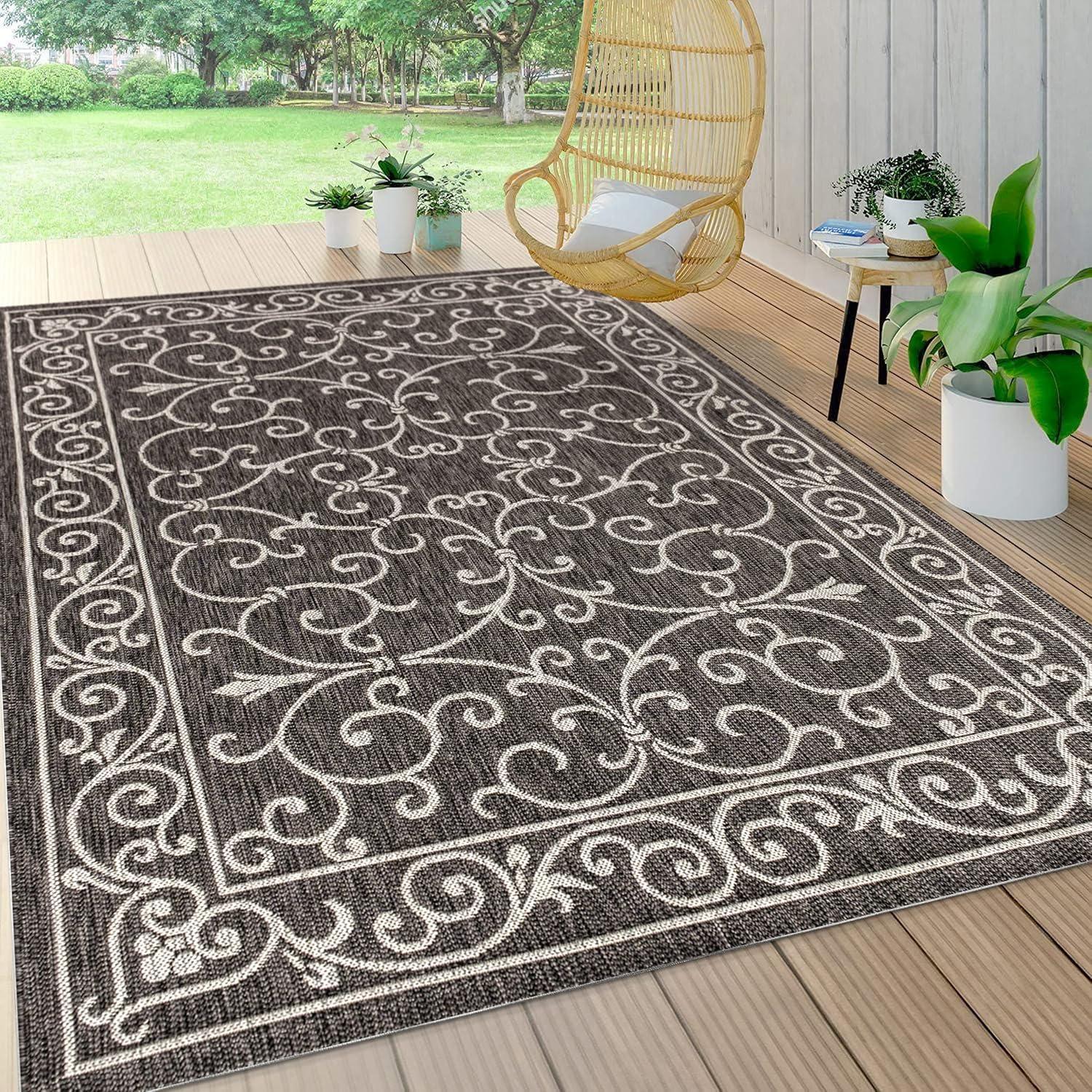 image:imageJONATHAN Y Vintage Filigree Indoor Outdoor Round Area Rug 5 Ft YellowCream Charleston Textured Weave for Backyard Patio Porch EasyCleaning High Traffic PetFriendly NonShedding SMB106L5RBlackGray