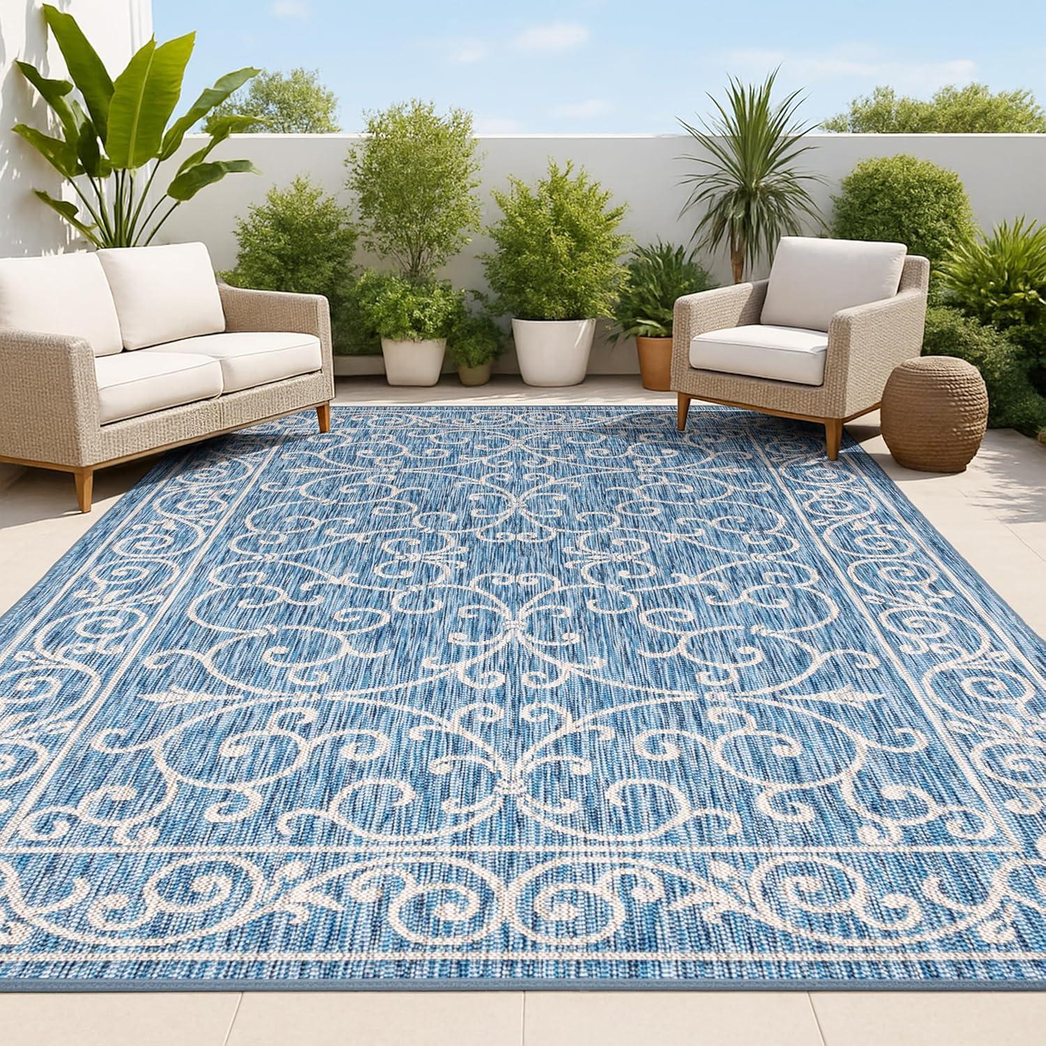 image:imageJONATHAN Y Vintage Filigree Indoor Outdoor Round Area Rug 5 Ft YellowCream Charleston Textured Weave for Backyard Patio Porch EasyCleaning High Traffic PetFriendly NonShedding SMB106L5RNavyGray