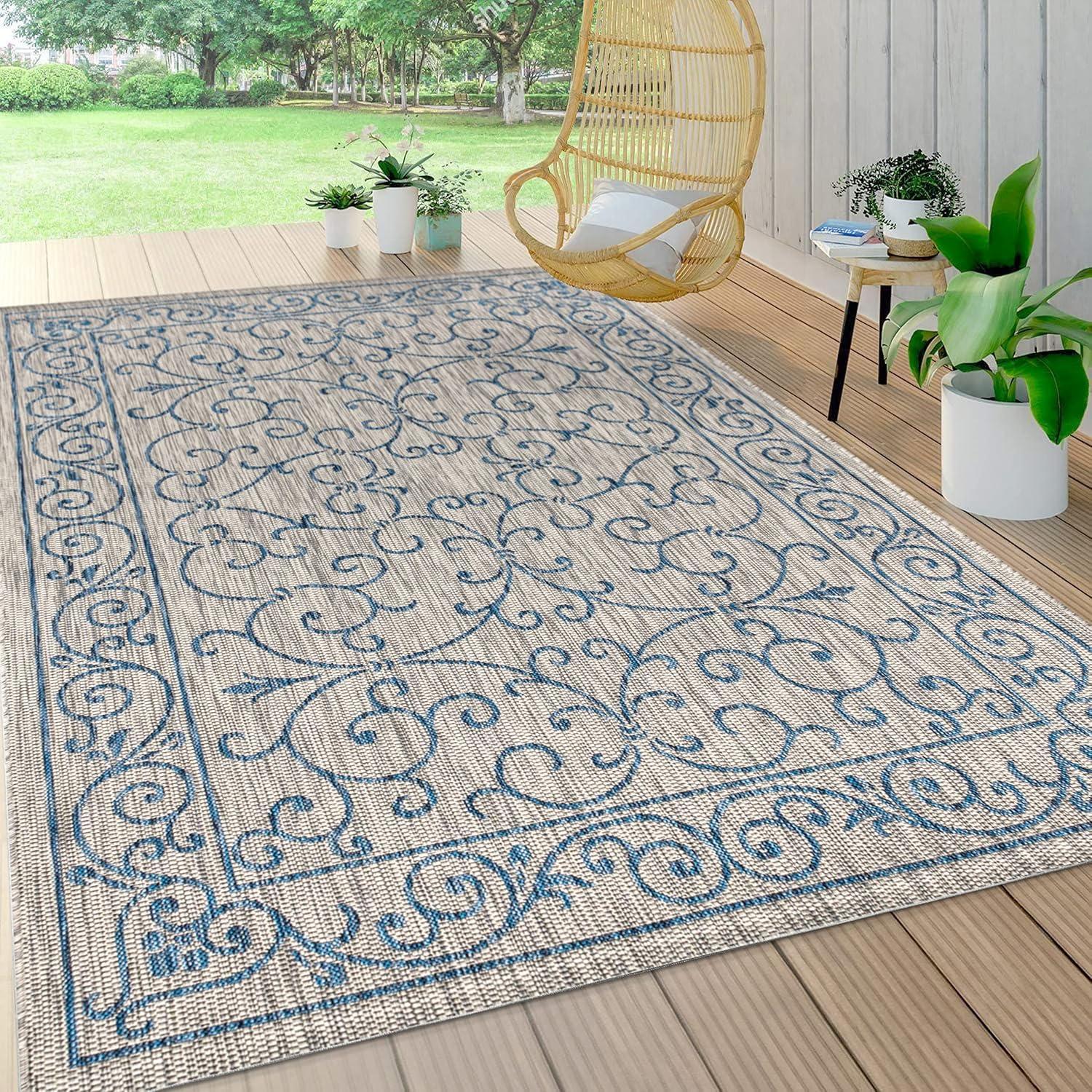 image:imageJONATHAN Y Vintage Filigree Indoor Outdoor Round Area Rug 5 Ft YellowCream Charleston Textured Weave for Backyard Patio Porch EasyCleaning High Traffic PetFriendly NonShedding SMB106L5RGrayNavy