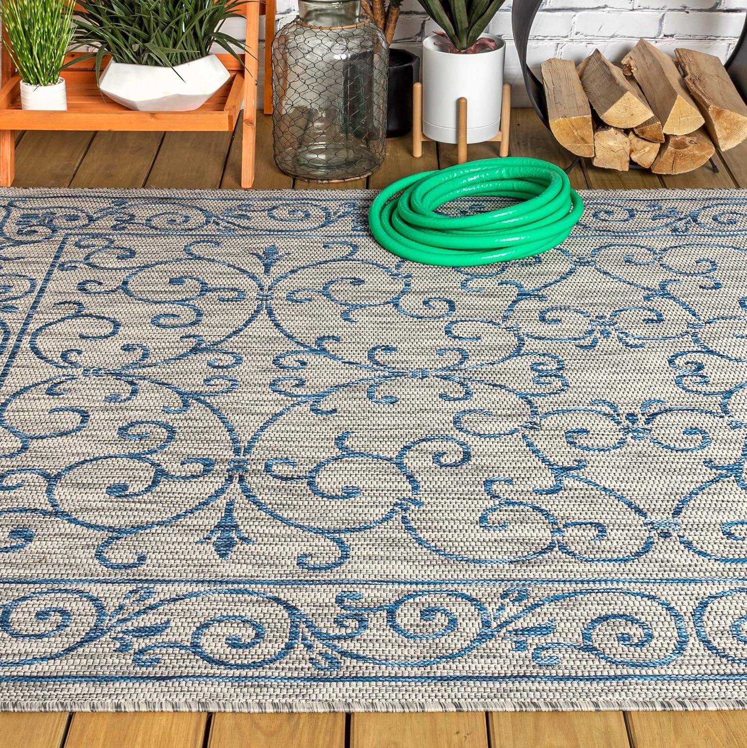 image:imageJONATHAN Y Vintage Filigree Indoor Outdoor Round Area Rug 5 Ft YellowCream Charleston Textured Weave for Backyard Patio Porch EasyCleaning High Traffic PetFriendly NonShedding SMB106L5RGrayNavy